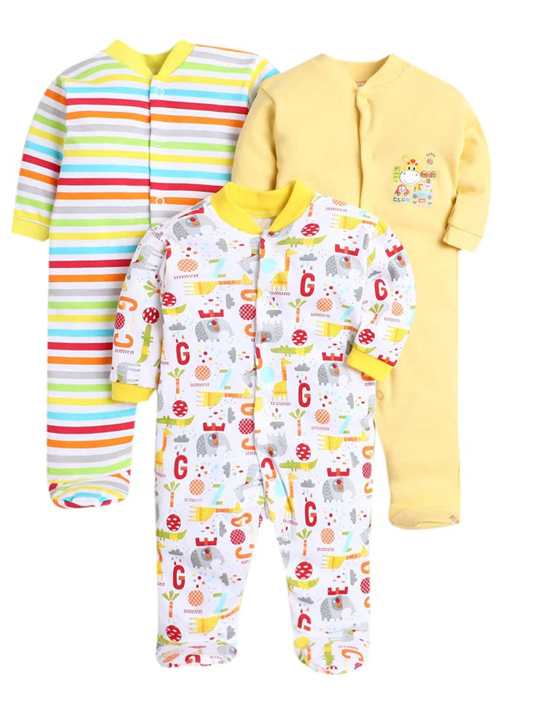 

EIO Kids Pack Of 3 Round Neck Cotton Rompers, Yellow