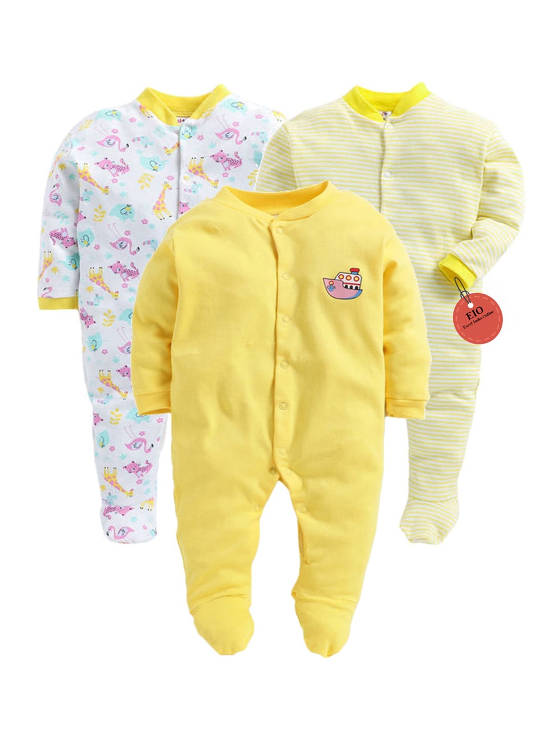 

EIO Kids Pack Of 3 Yellow & White Rompers