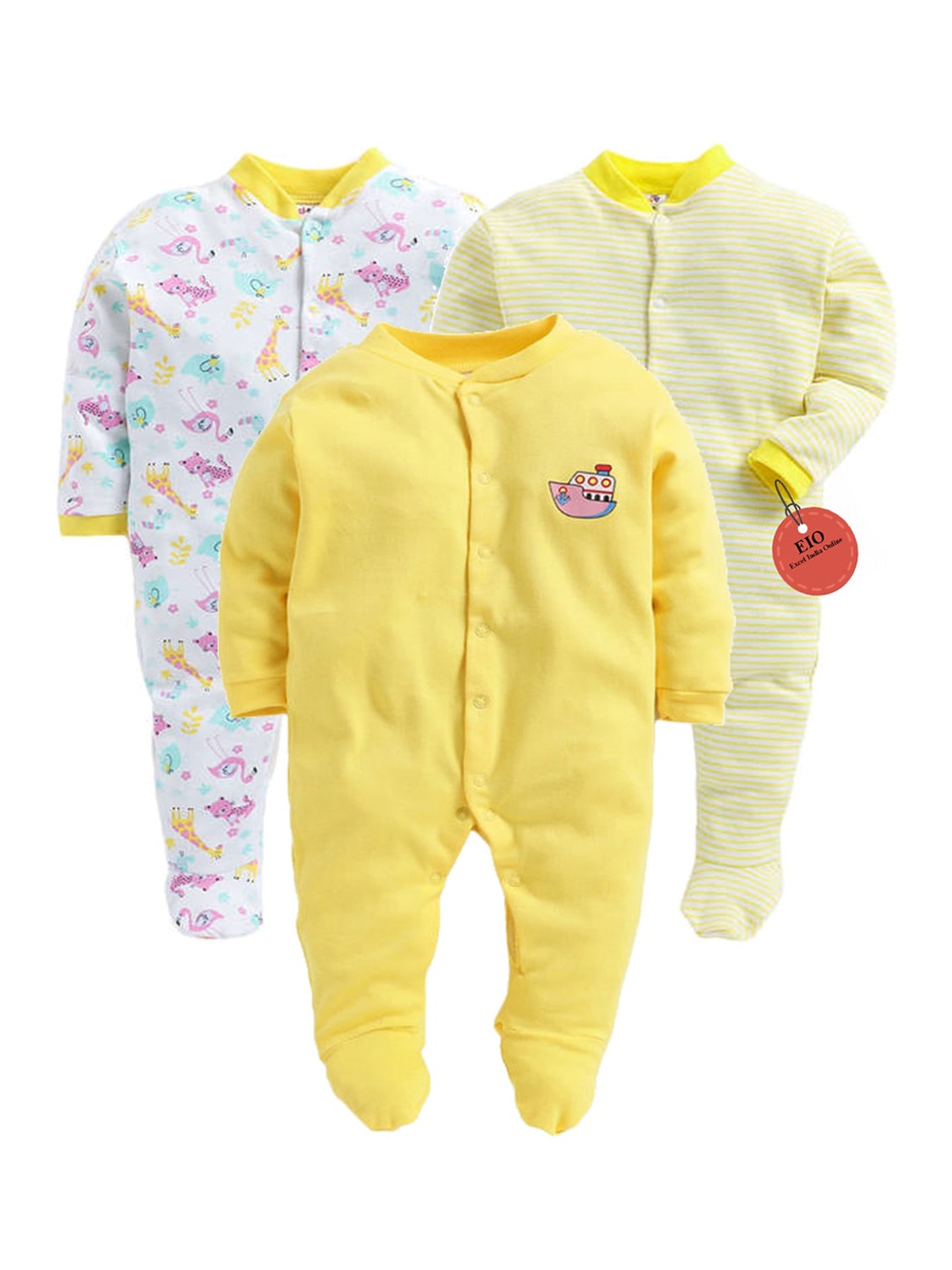 

EIO Unisex Infant Pack of 3 Printed Cotton Rompers, Yellow