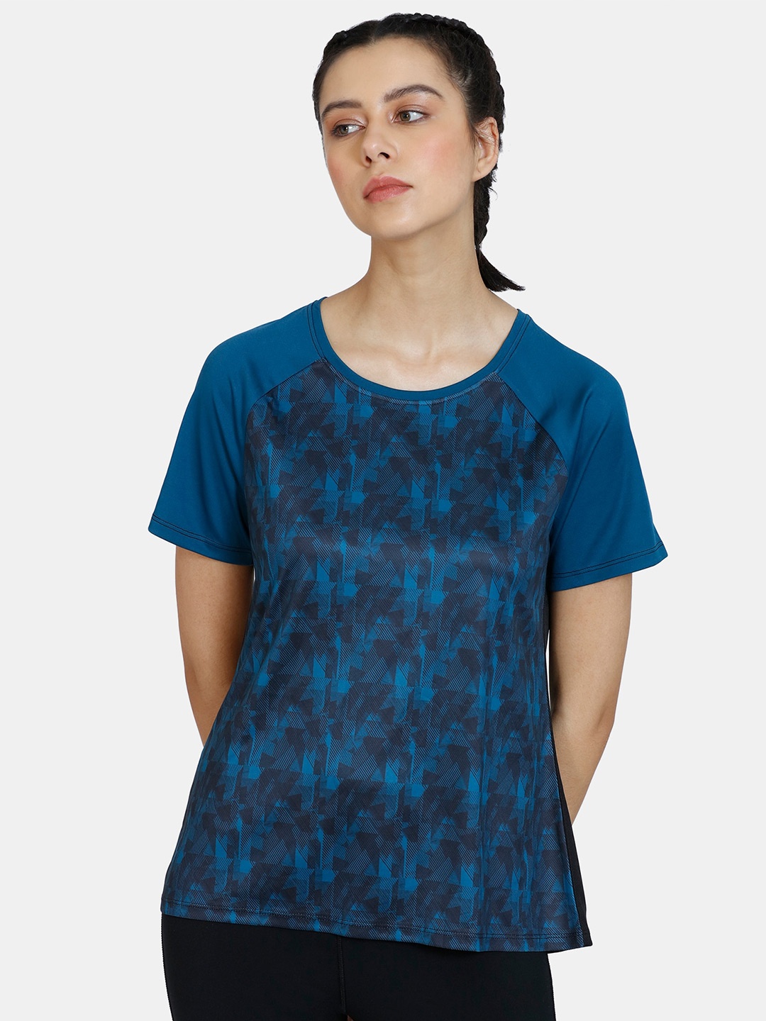

Zelocity by Zivame Women Blue Printed Training or Gym T-shirt