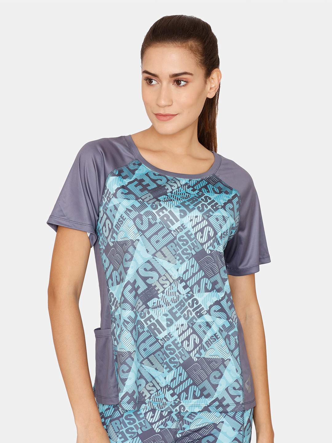 

Zelocity by Zivame Women Blue Typography Printed Raw Edge Training or Gym T-shirt