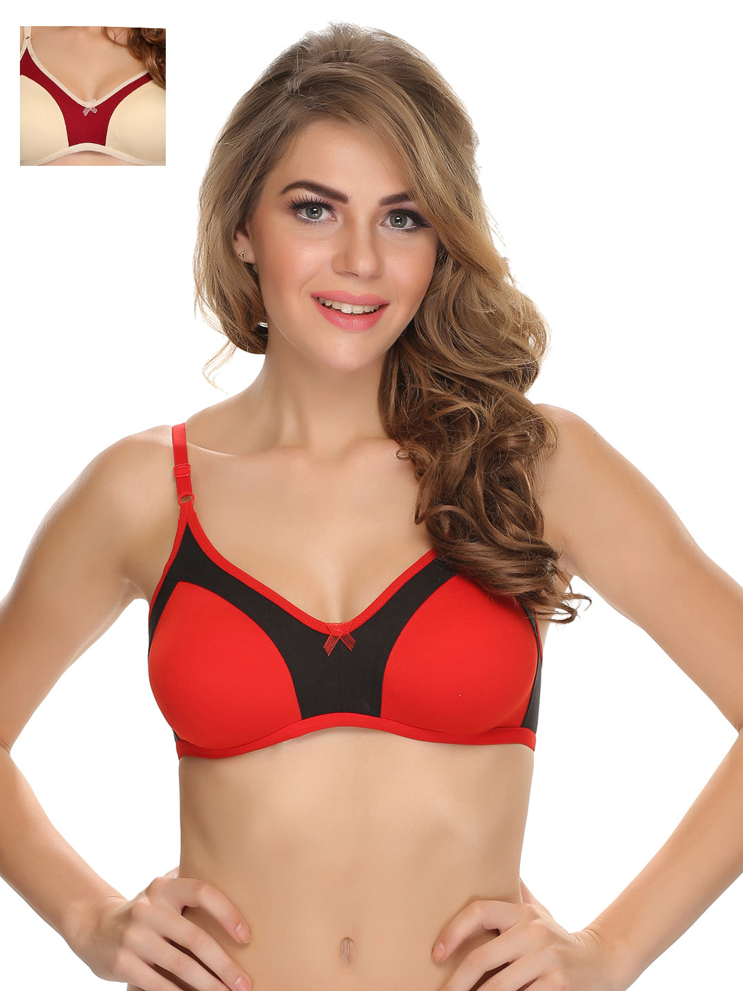 

Clovia Pack Of 2 Cotton Non-Padded Wirefree T-Shirt Bra With Double Layers - Red & Skin