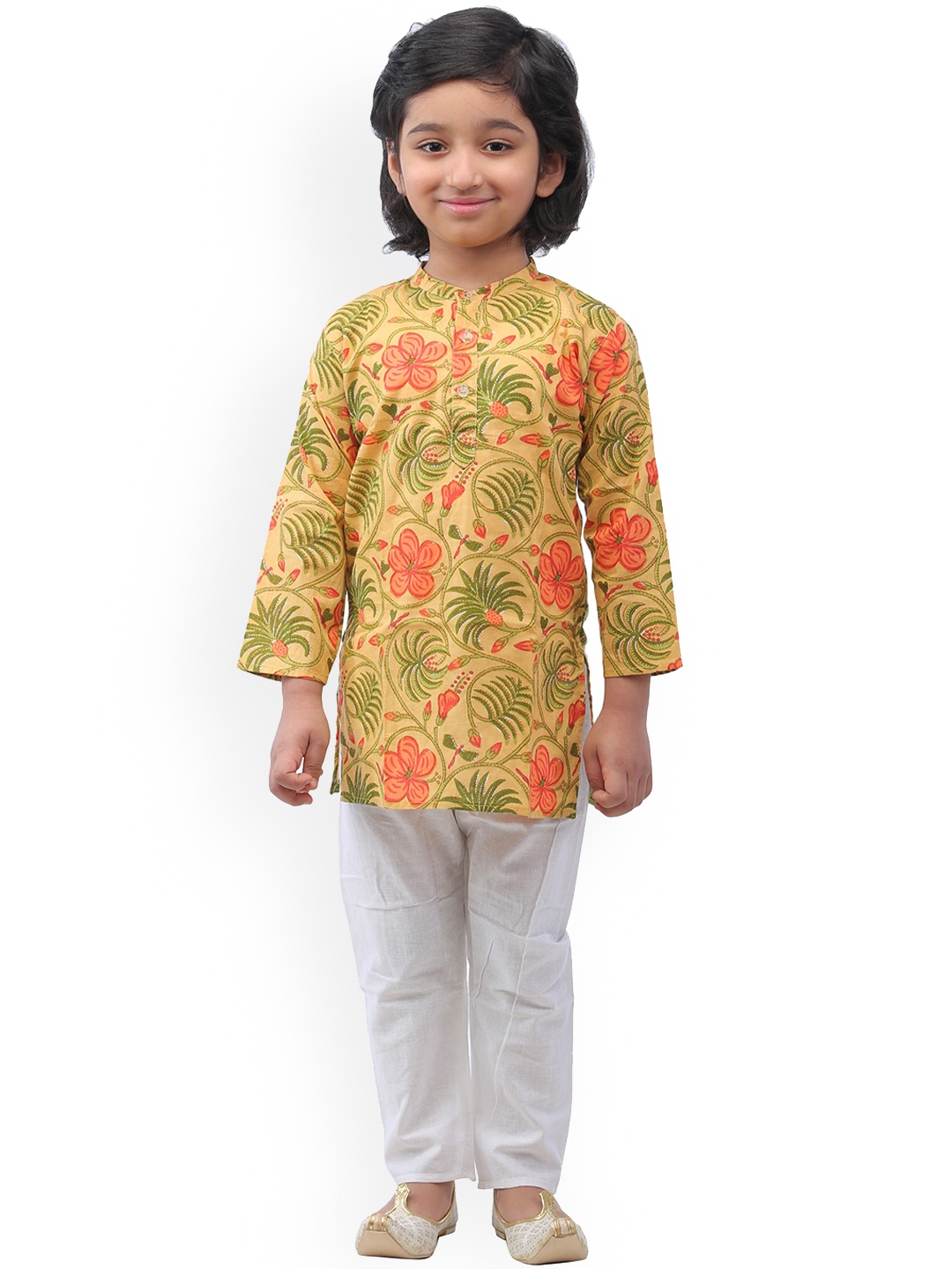 

ahhaaaa Boys Mustard Yellow Floral Printed Pure Cotton Kurta with Pyjamas