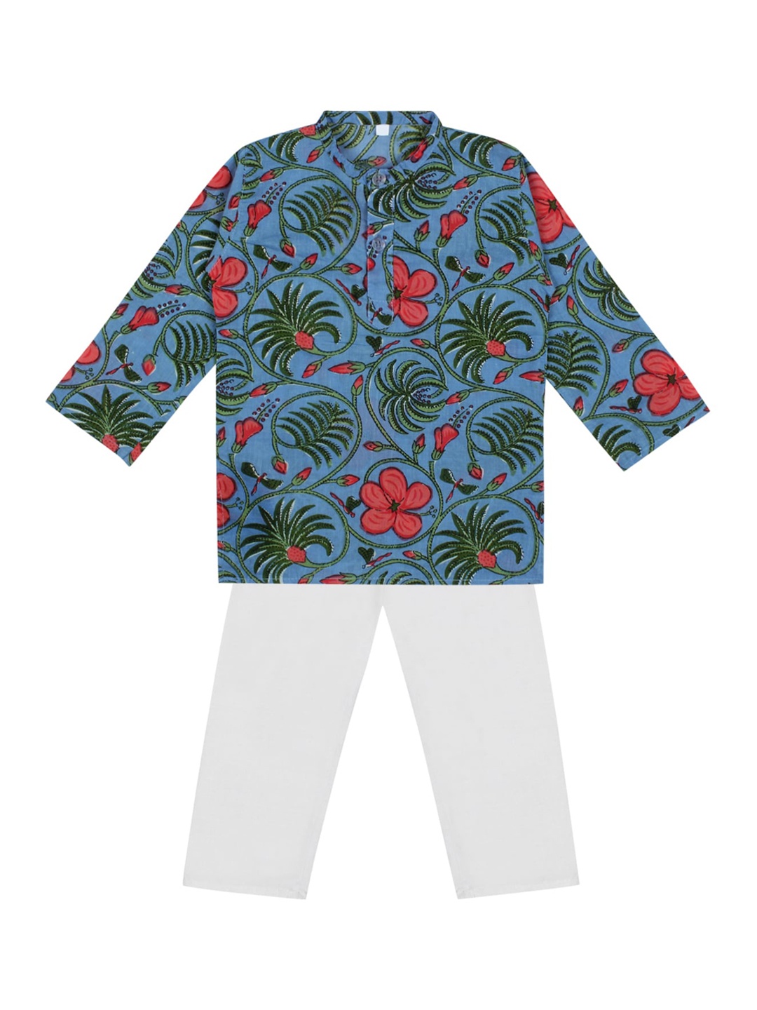 

ahhaaaa Boys Blue Floral Printed Pure Cotton Kurta with Pyjamas