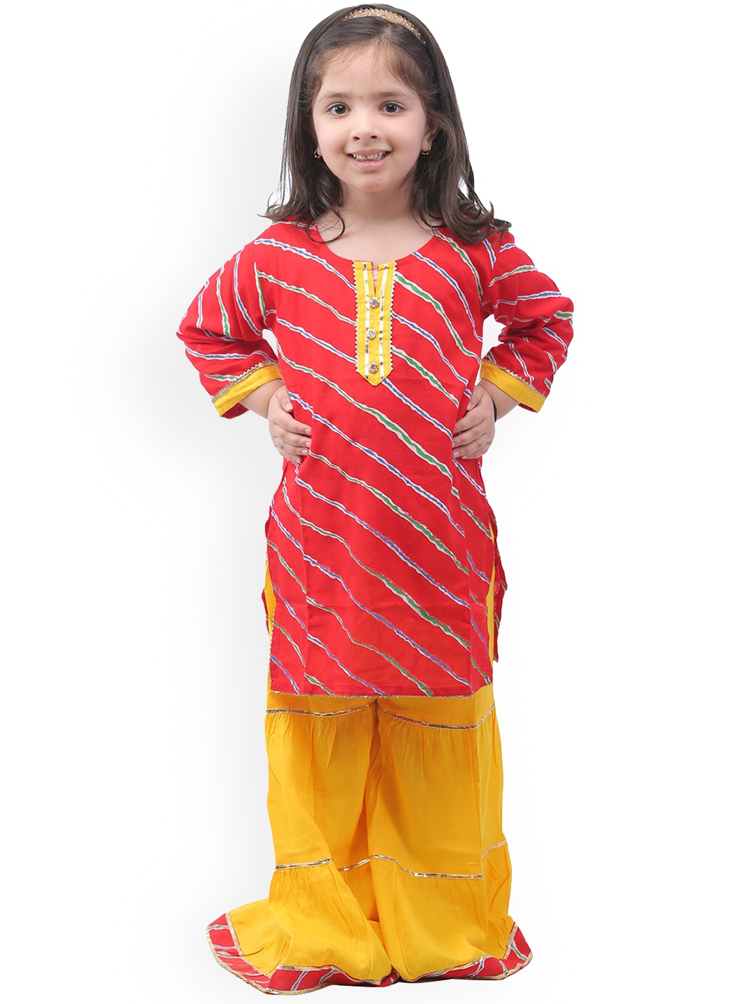 

ahhaaaa Girls Red Printed Gotta Patti Pure Cotton Kurti with Sharara