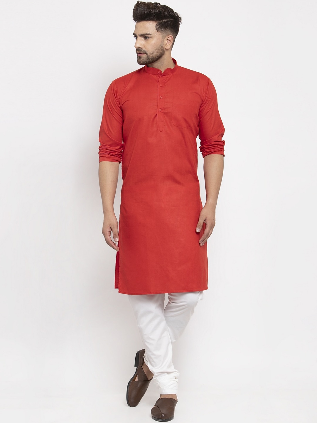 

Kaifoo Men Red Solid Mandarin Neck Straight Kurta with Churidar