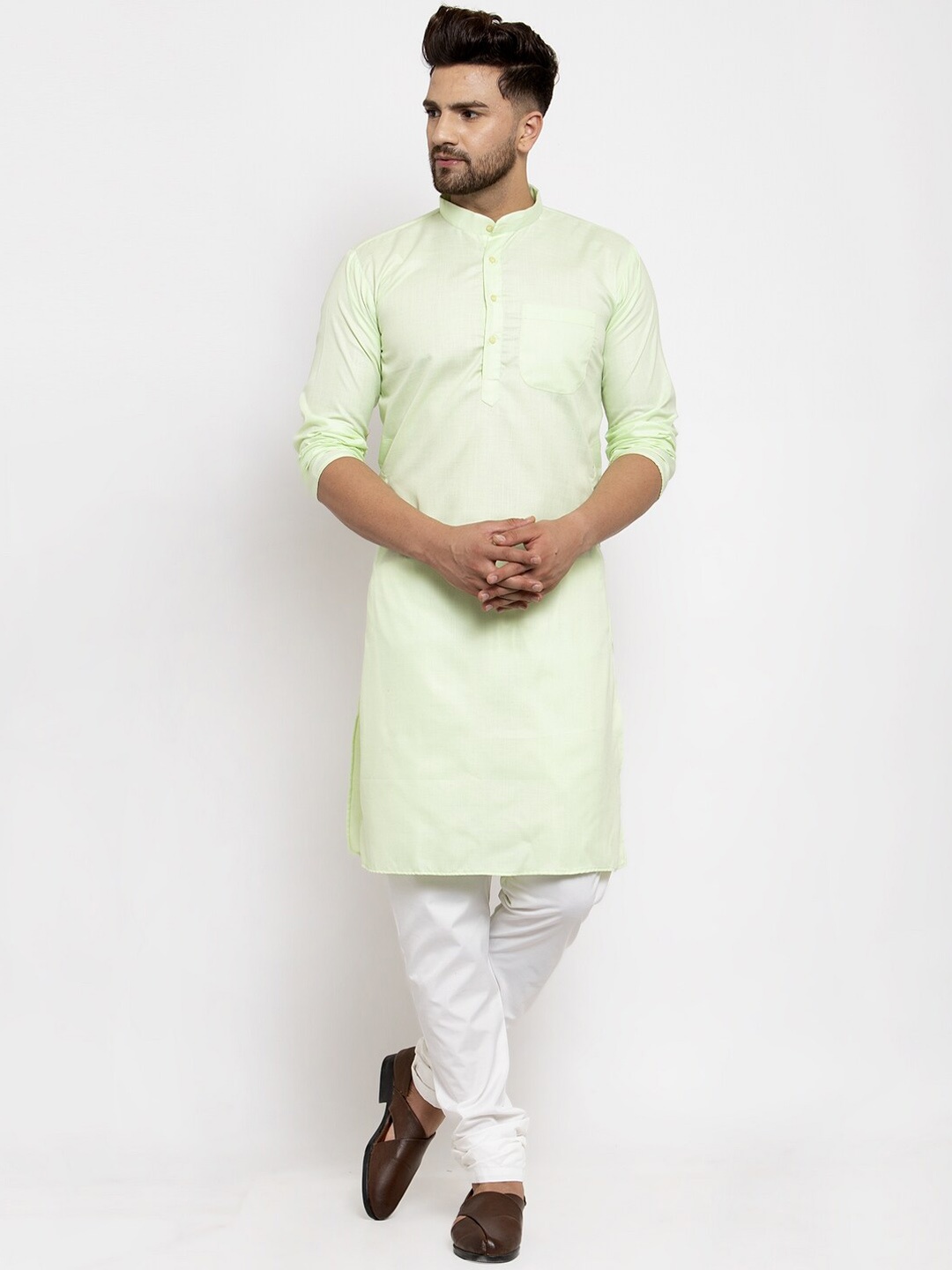 

Kaifoo Men Sea Green Solid Mandarin Neck Straight Kurta with Churidar