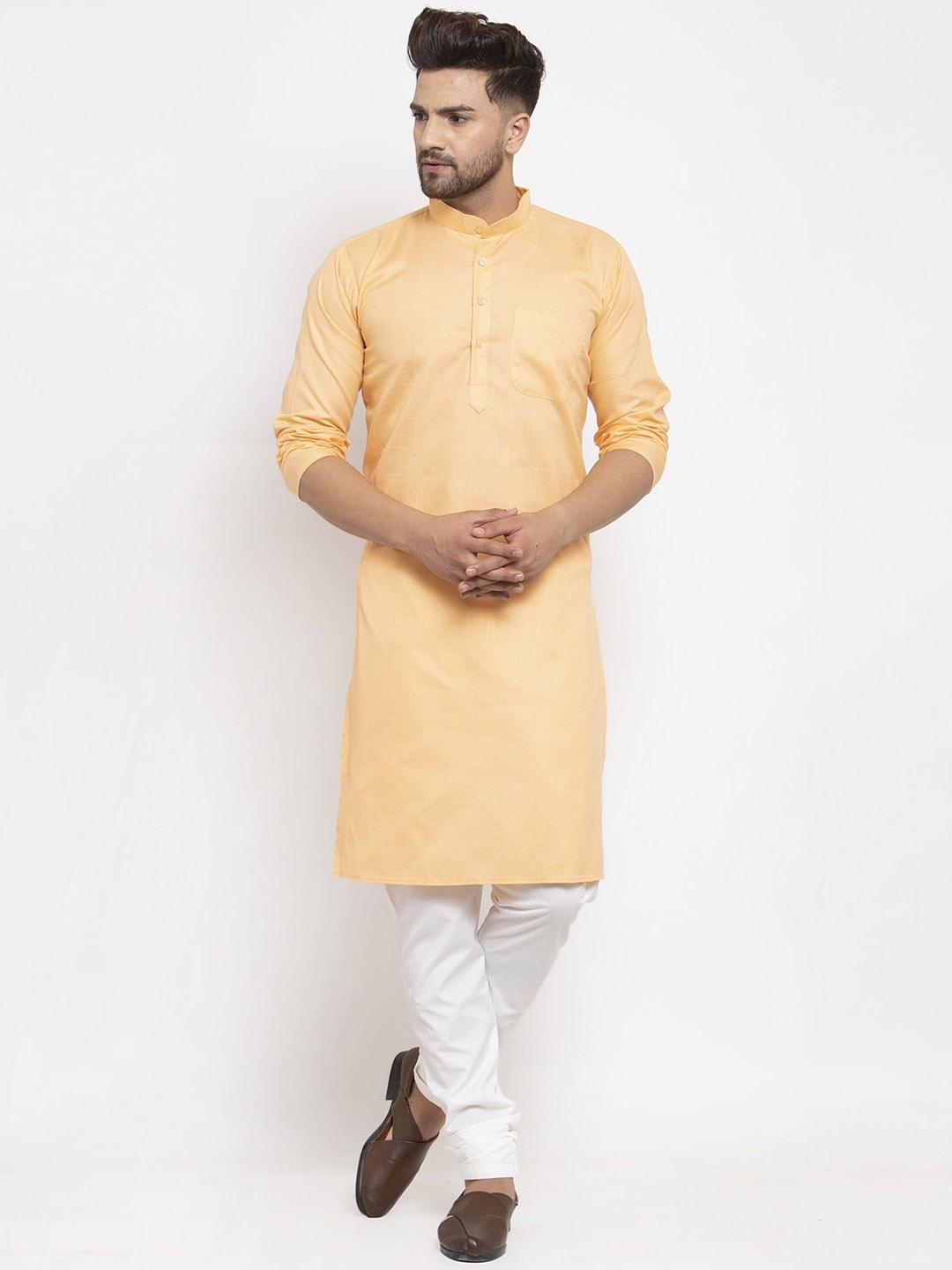 

Kaifoo Men Peach-Coloured Solid Mandarin Neck Straight Kurta with Churidar
