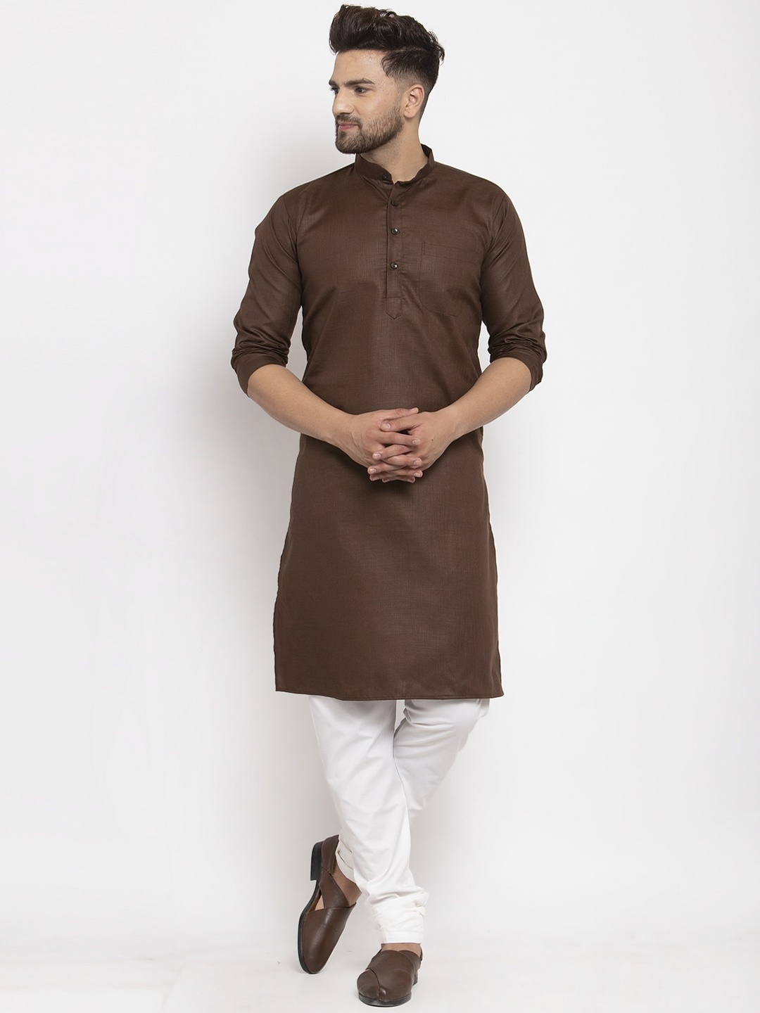 

Kaifoo Men Brown Solid Mandarin Neck Straight Kurta with Churidar