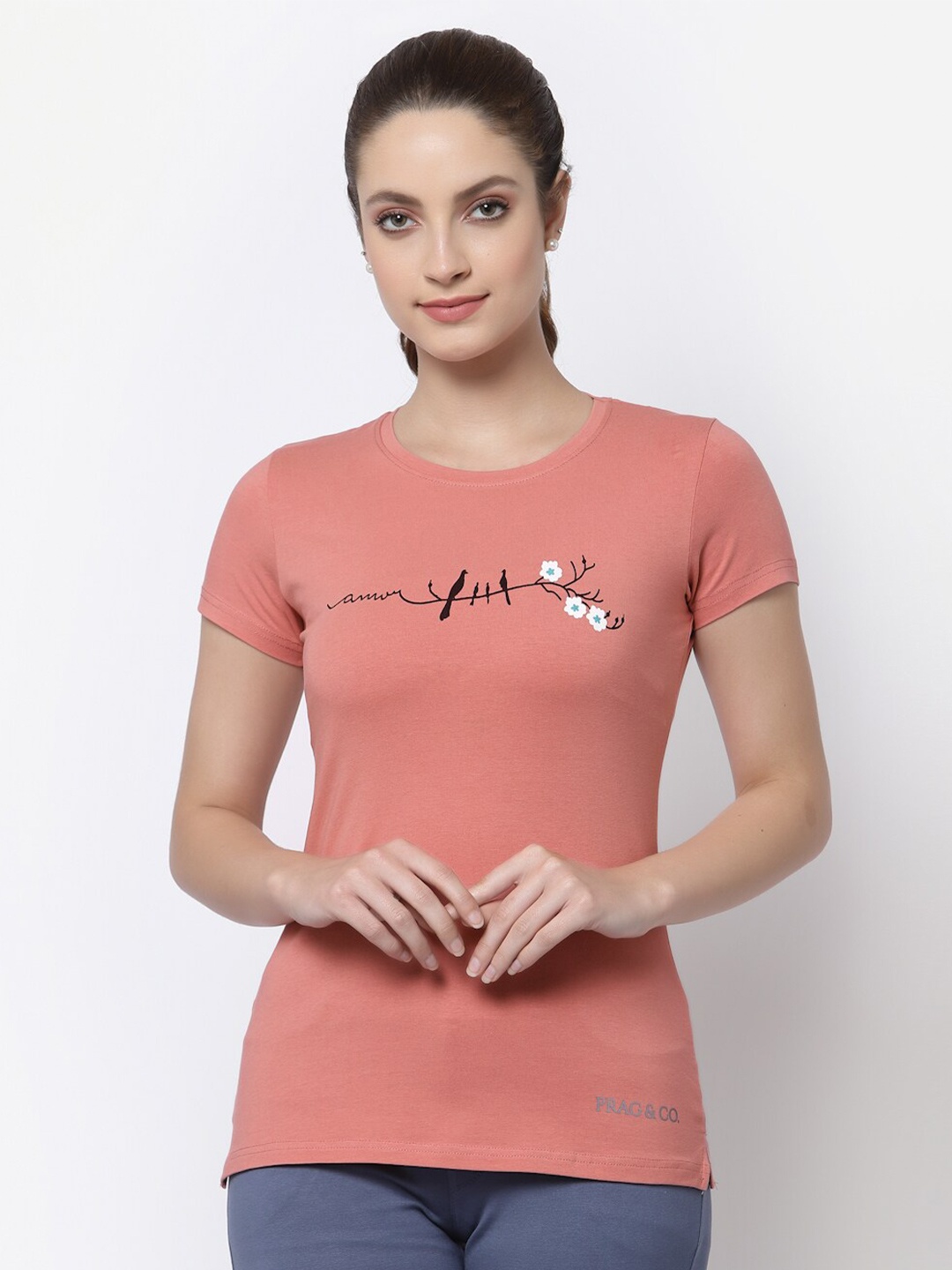 Prag & Co Women Typography Printed Antimicrobial T-shirt, Peach