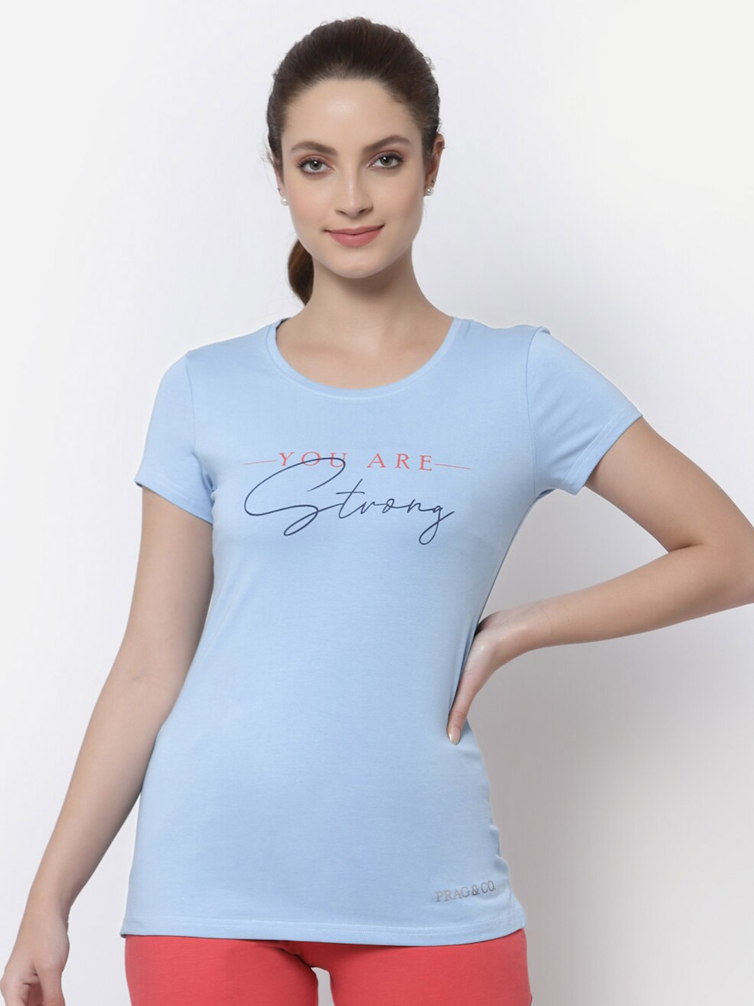 

Prag & Co Women Blue Typography Printed Antimicrobial T-shirt
