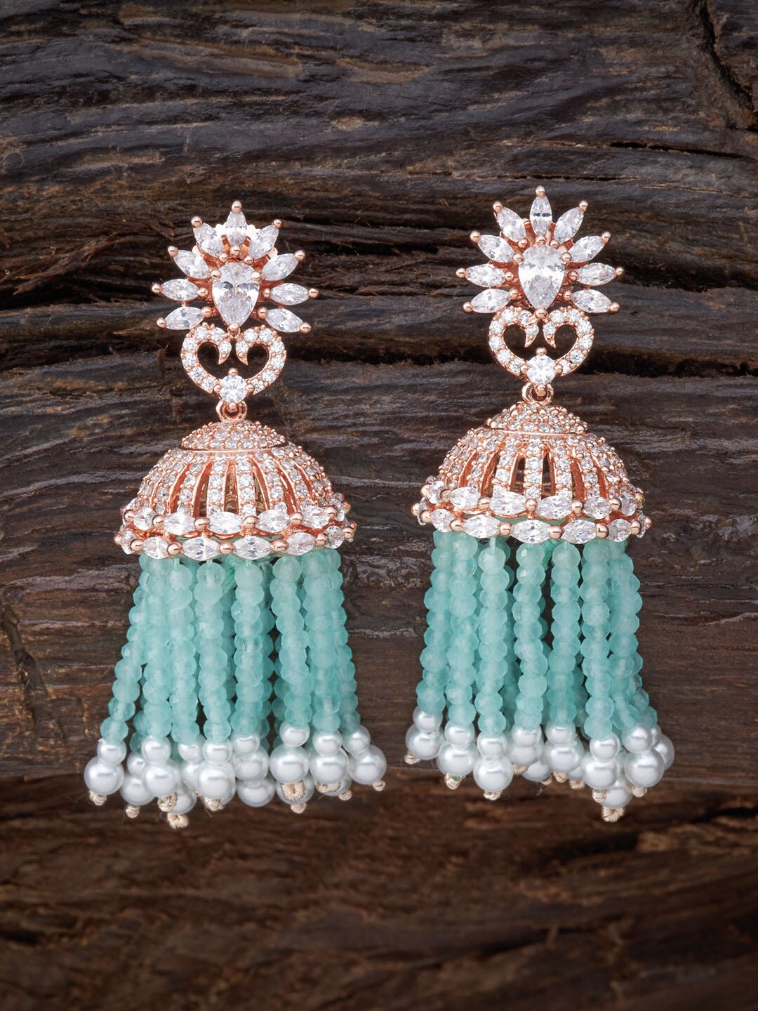 

Kushal's Fashion Jewellery Rose Gold & Green Classic Jhumkas Earrings