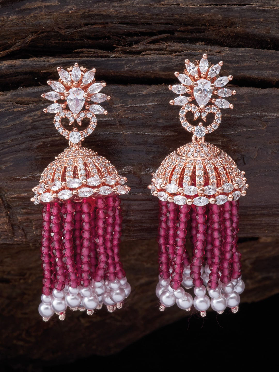 

Kushal's Fashion Jewellery Rose Gold & Maroon Classic Jhumkas Earrings