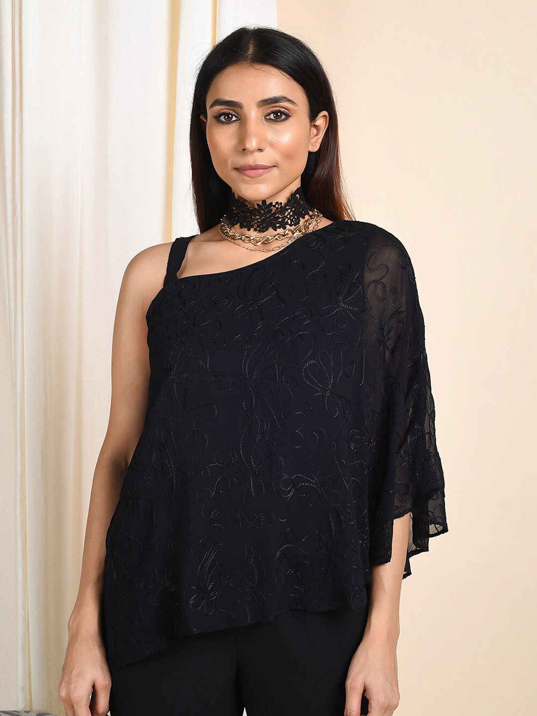 

bellamia Black Self Design One Shoulder Regular Top