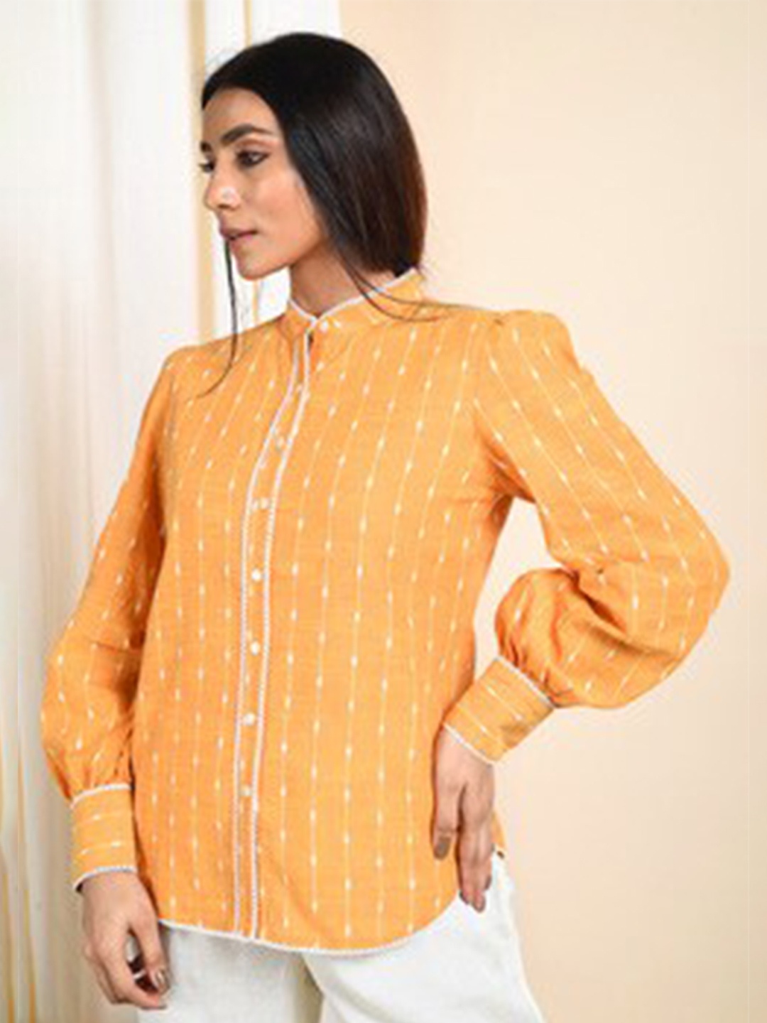 

bellamia Women Yellow Mandarin Collar Shirt Style Top