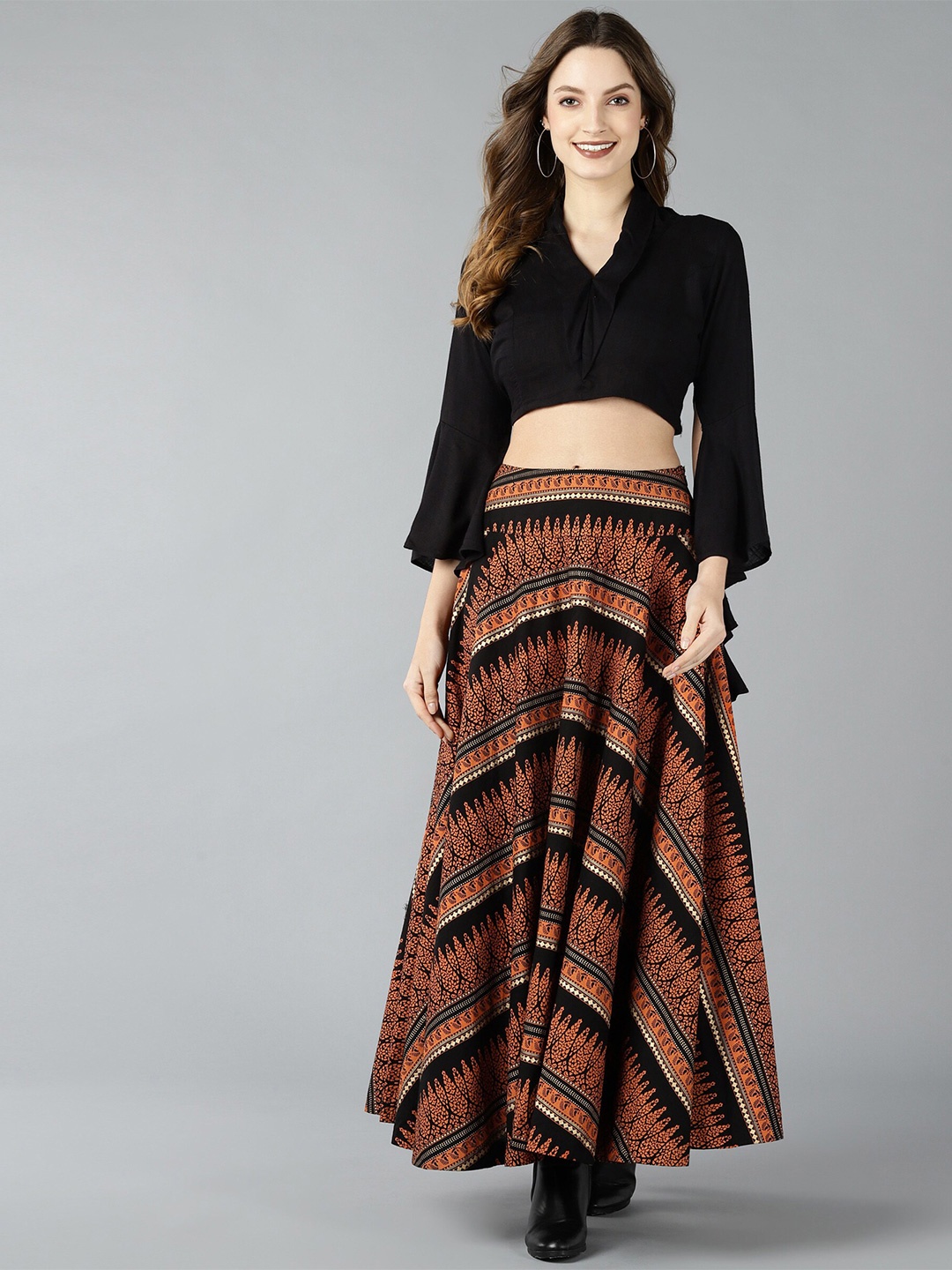 

ZNX Clothing Women Black & Orange Crop Top with Skirt
