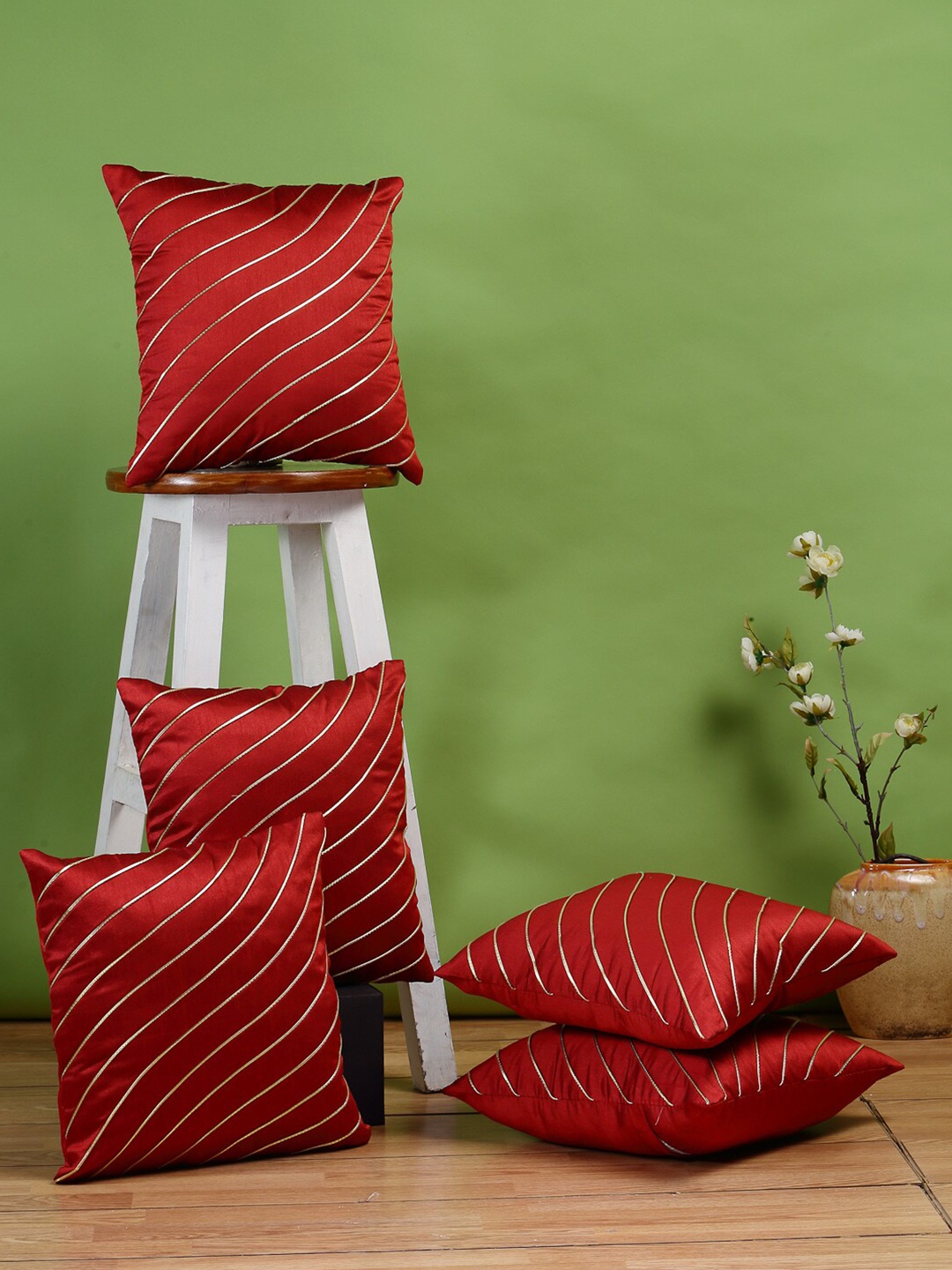 

DREAM WEAVERZ Red Gold-Toned Set of 5 Embellished Silk Square Cushion Covers
