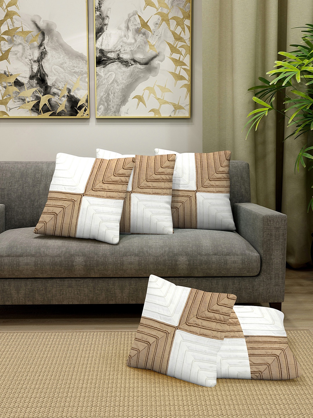 

DREAM WEAVERZ Coffee Brown & White Set of 5 Colourblocked Square Cushion Covers
