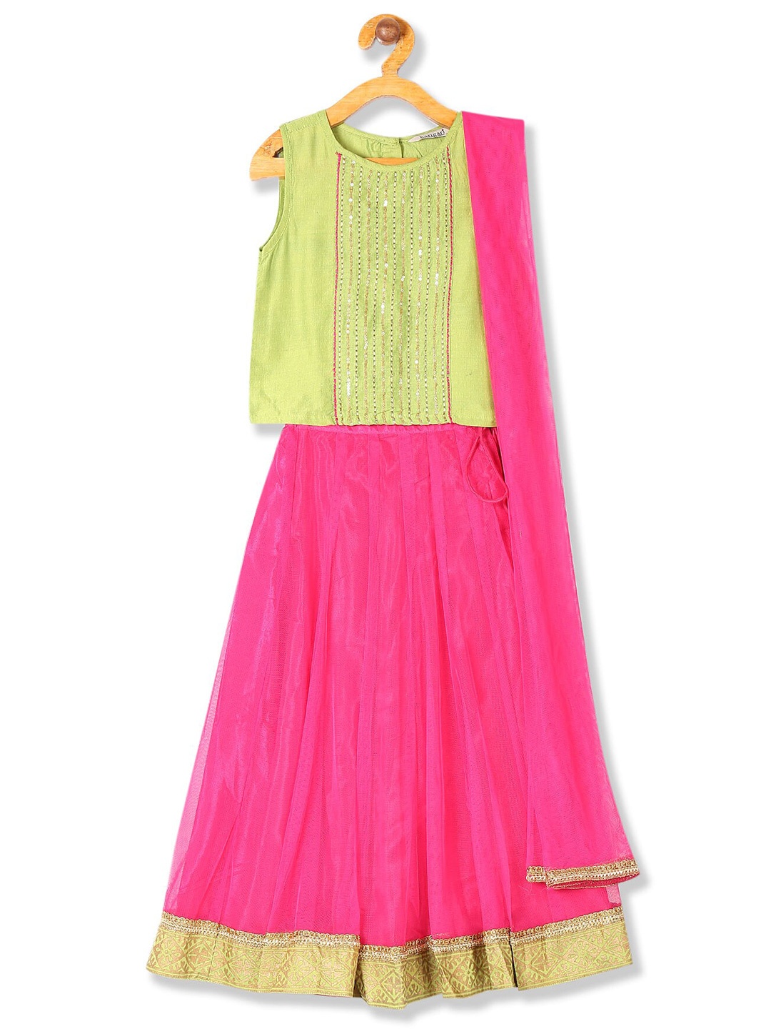 

Karigari Girls Green & Pink Embellished Top with Skirt