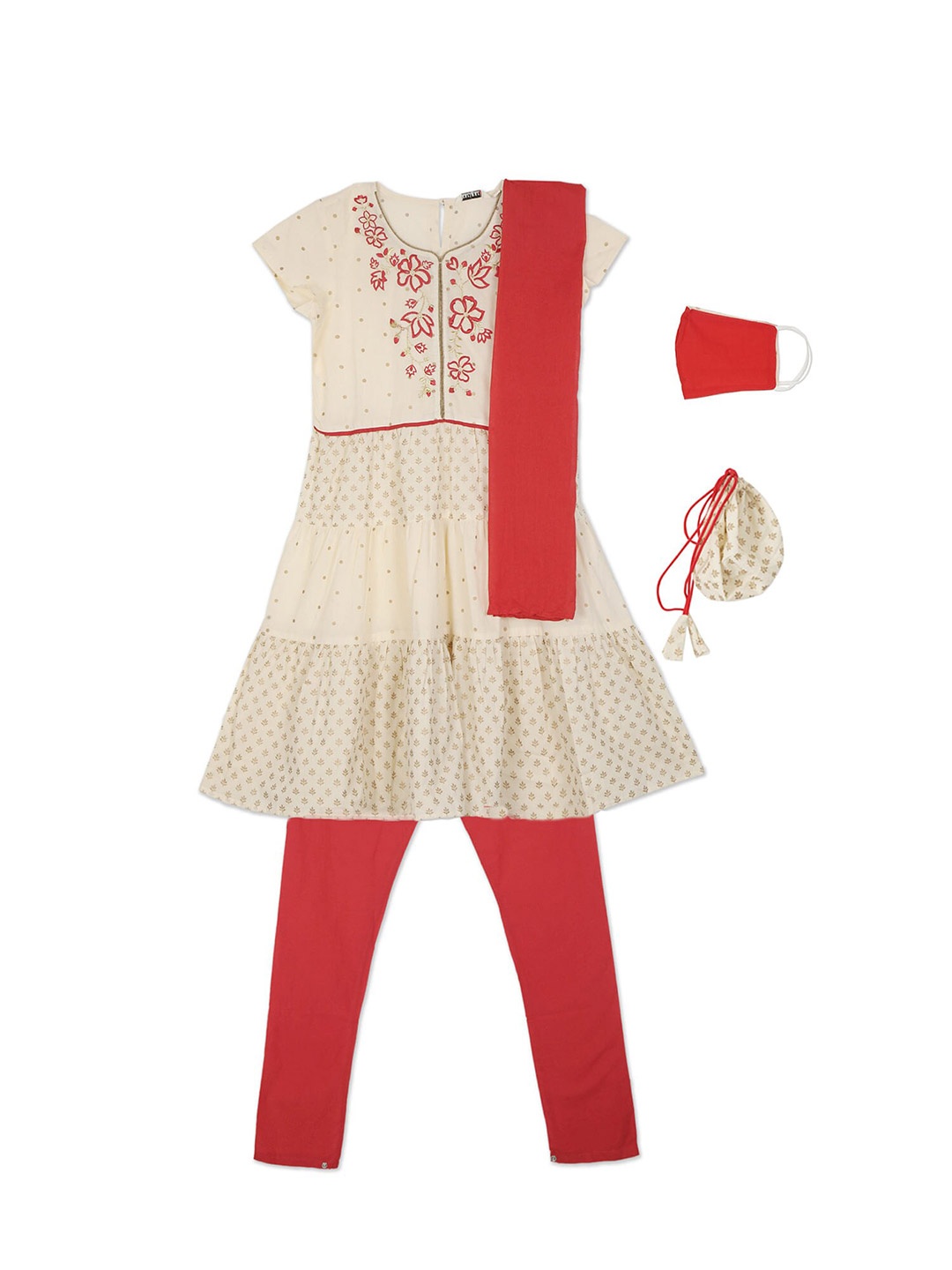 

Karigari Girls White Floral Embroidered Empire Pure Cotton Kurta With Trousers & Dupatta
