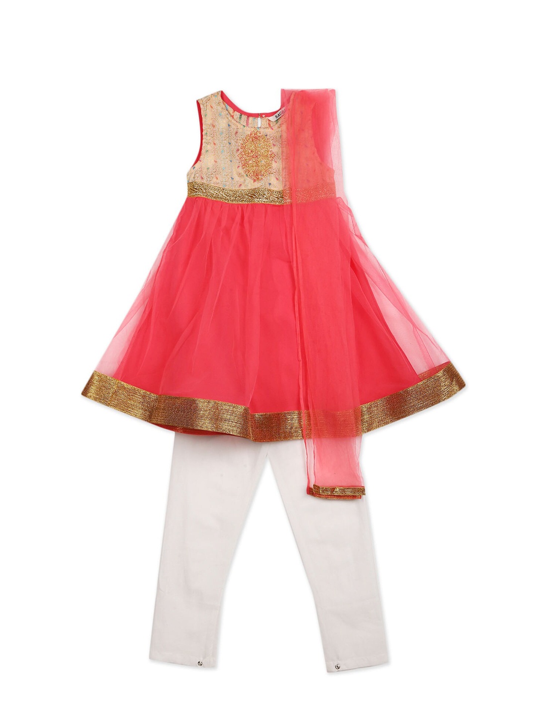 

Karigari Girls Red Empire Kurta With Trousers & Dupatta