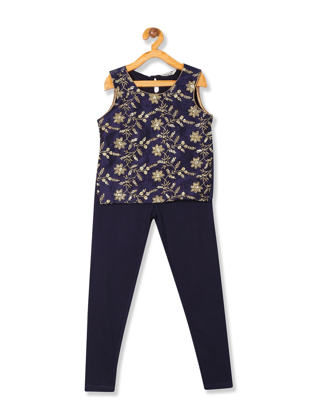 

Karigari Girls Navy Blue & Gold-Toned Embellished Top with Legging Set