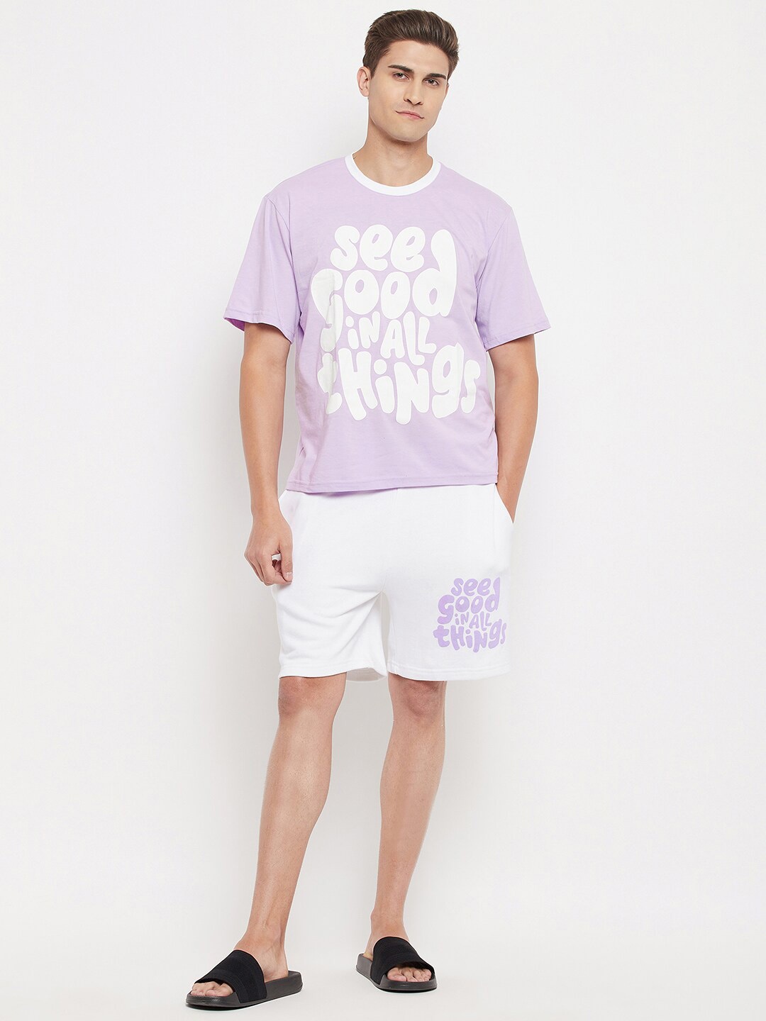 

FUGAZEE Men Lavender & White Printed T-shirt with Shorts