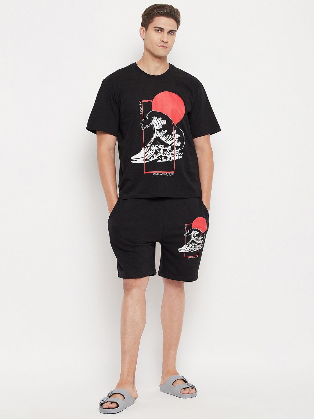 

FUGAZEE Men Black Printed Cotton Blend Night Suit