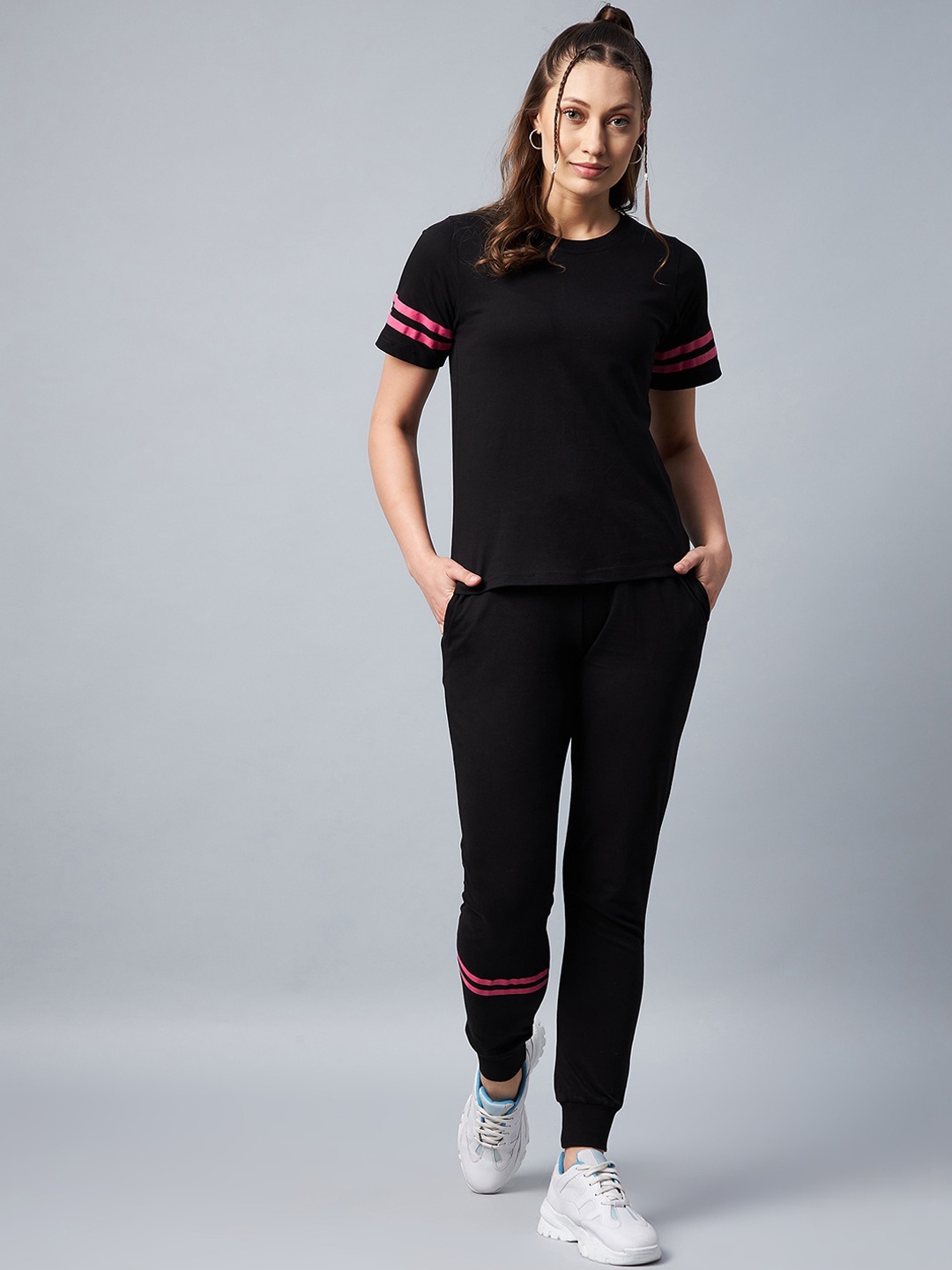 

StyleStone Women's Black & Pink Striped Cotton Track Suit Set