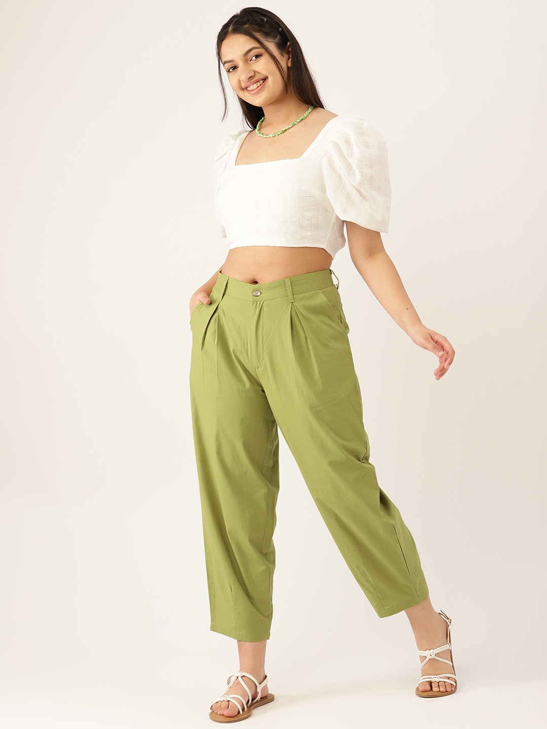 

DressBerry Teen Girls Green Solid Cotton Pleated Trousers