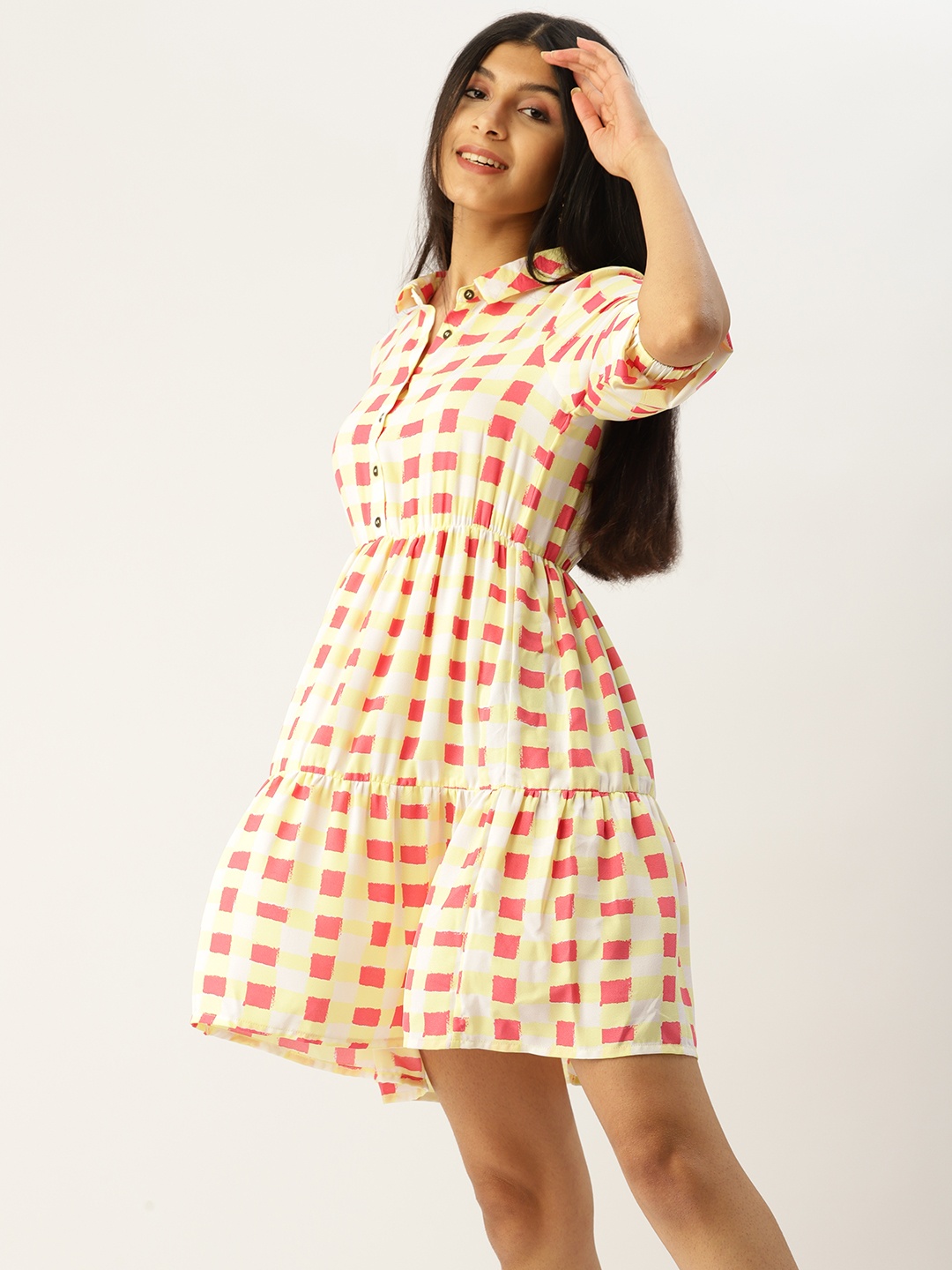 

DressBerry Girls Yellow & White Checked Tiered Puff Sleeves Shirt Dress
