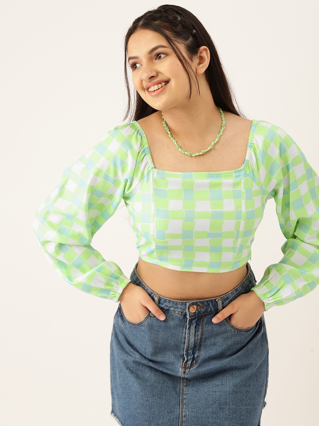 

DressBerry Teen Girls White & Green Checked Top