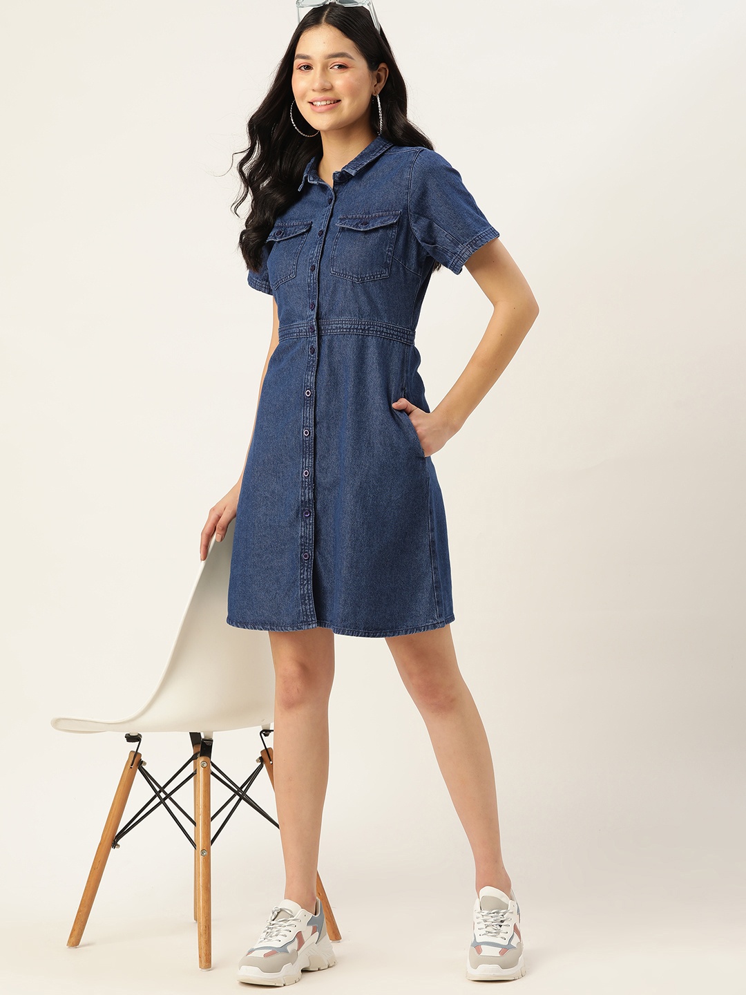 

DressBerry Pure Cotton Front Open Denim Fit & Flare Shirt Dress, Navy blue