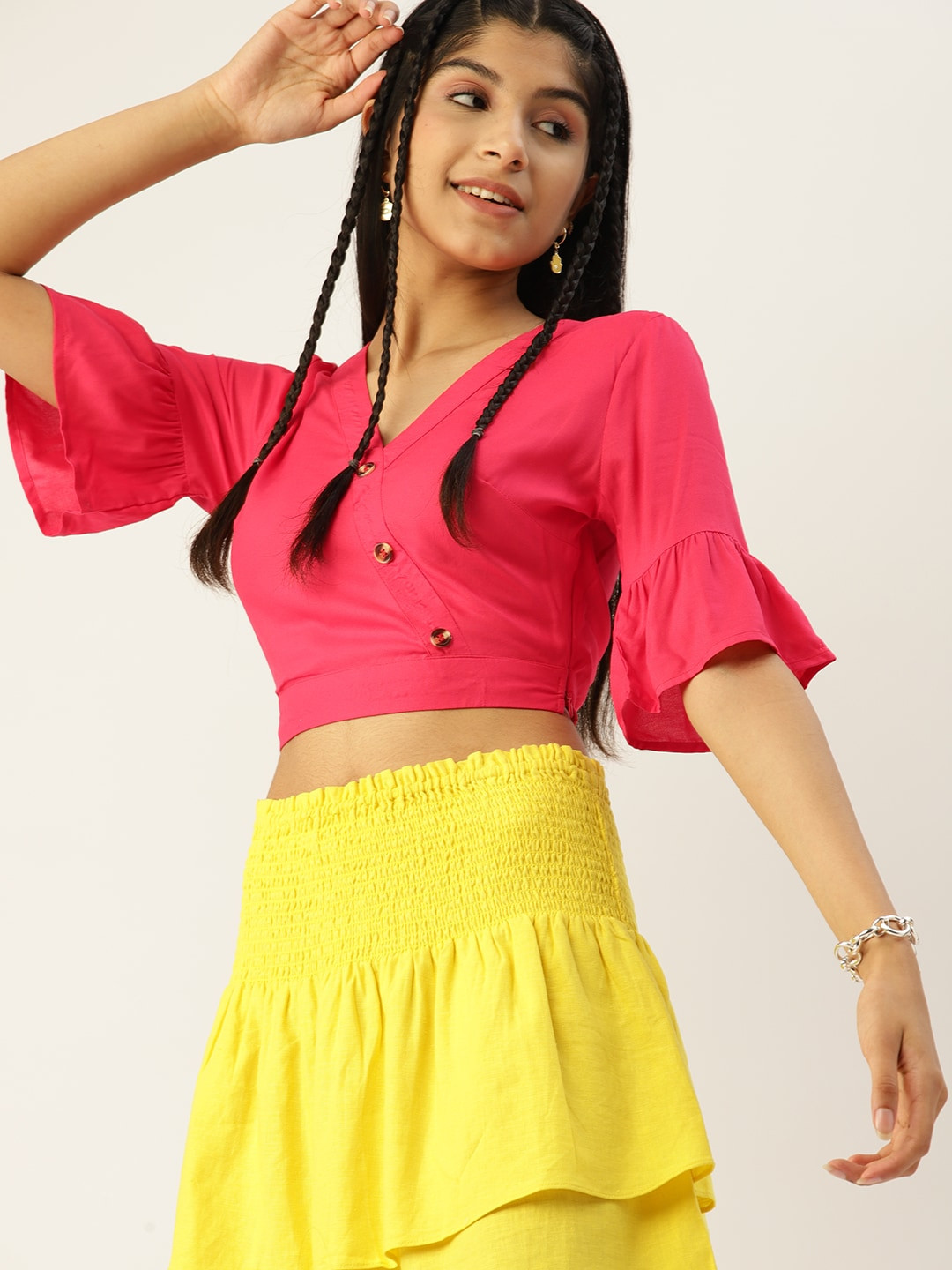 

DressBerry Teen Girls Fuchsia Solid Wrap Style Bell Sleeves Top