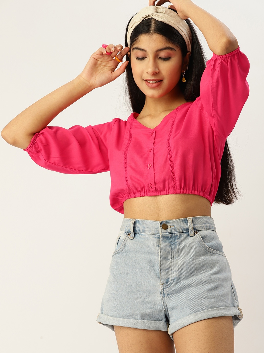 

DressBerry Teen Girls Fuchsia Solid Puff Sleeves Crop Top