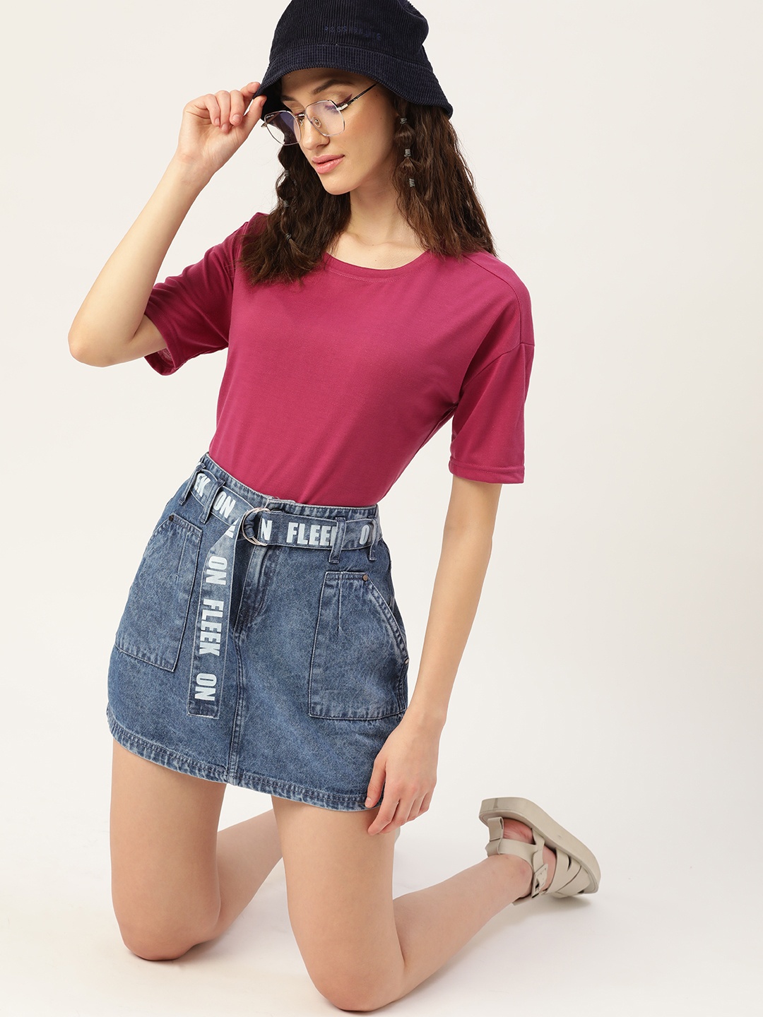 

DressBerry Navy Blue Solid Pure Cotton A-line High-Rise Denim Skirt With Belt