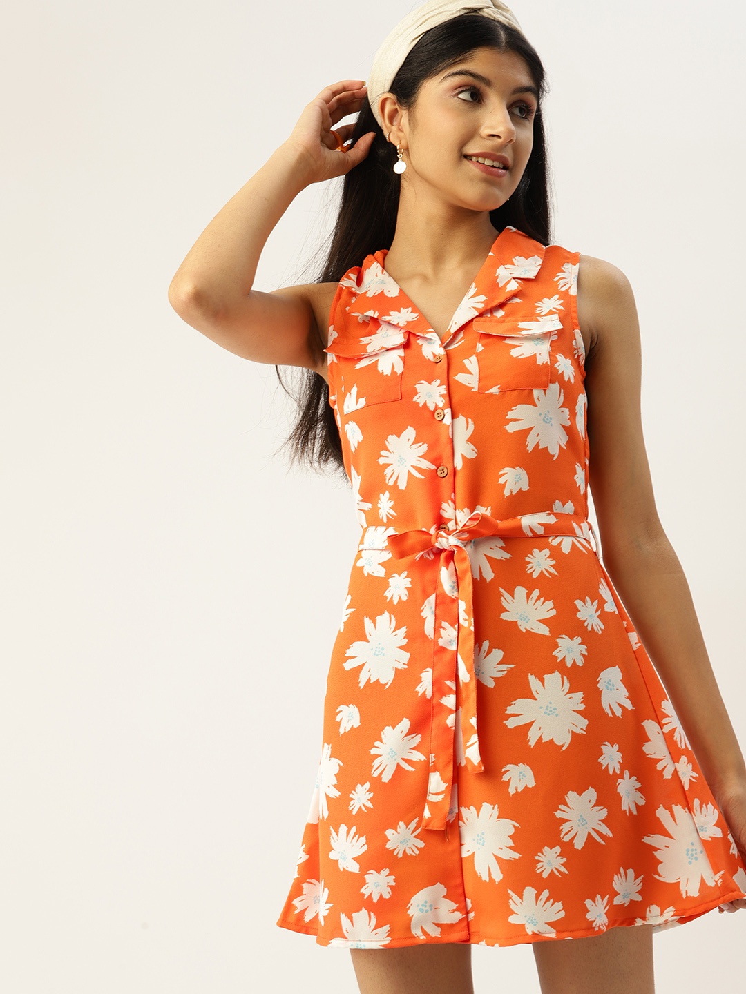 

DressBerry Teen Girls Orange & White Floral A-Line Dress