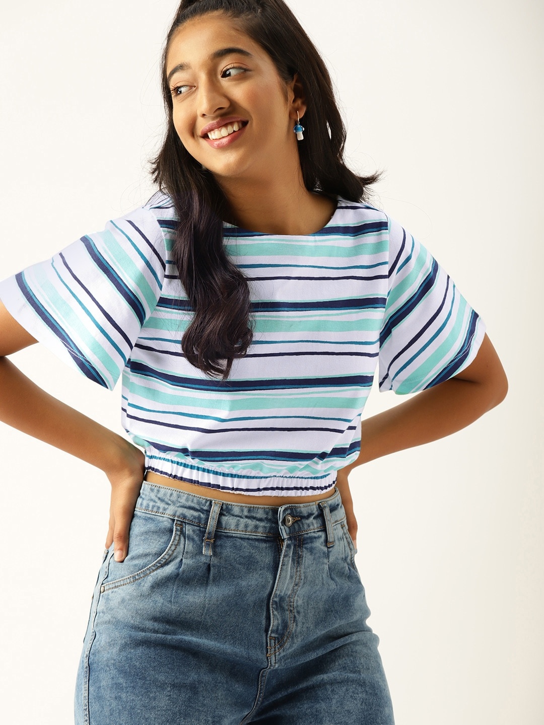 

DressBerry Teen Girls White & Green Striped Blouson Top