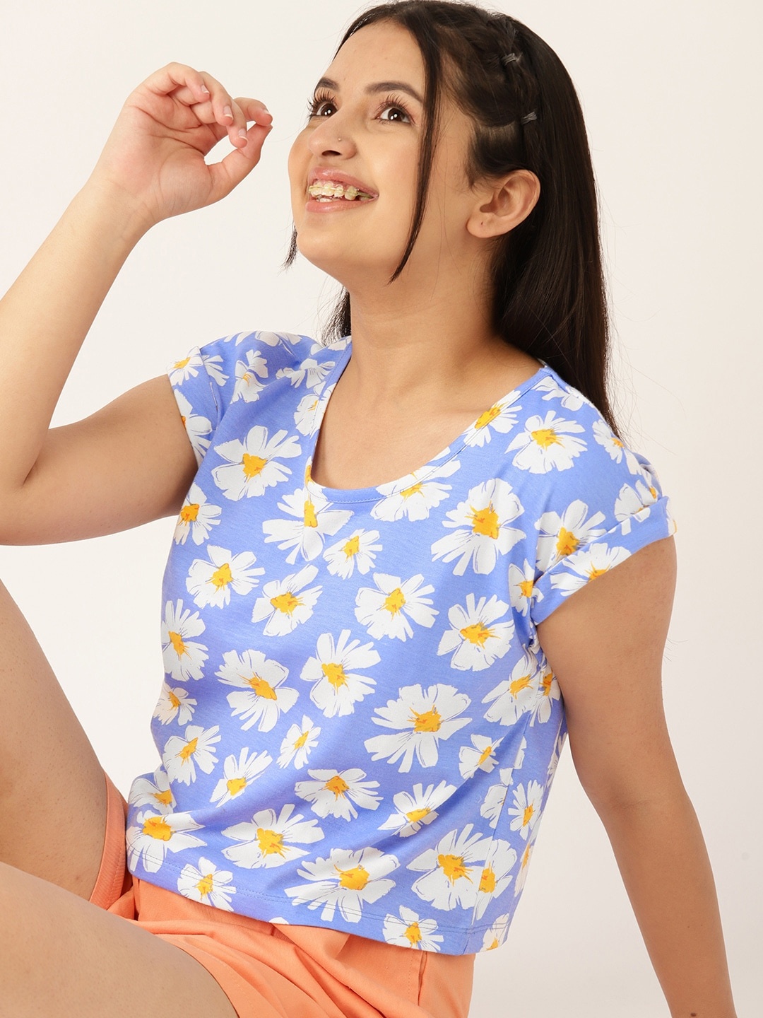 

DressBerry Teen Girls Blue & White Floral Print Extended Sleeves Top