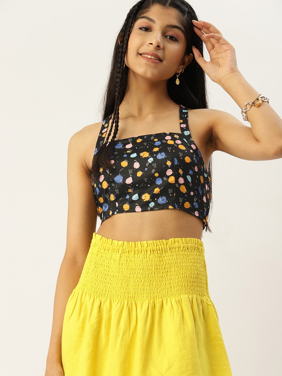 

DressBerry Girls Black & Mustard Yellow Polka Dot Print Styled Back Fitted Crop Top