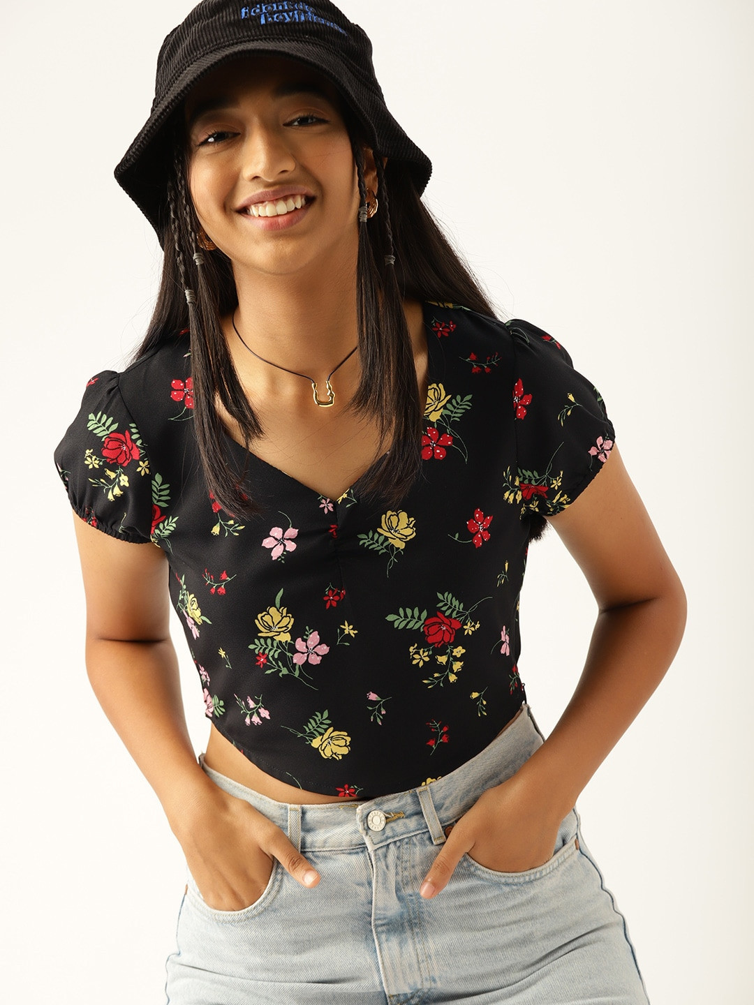 

DressBerry Teen Girls Black & Red Floral Print Top