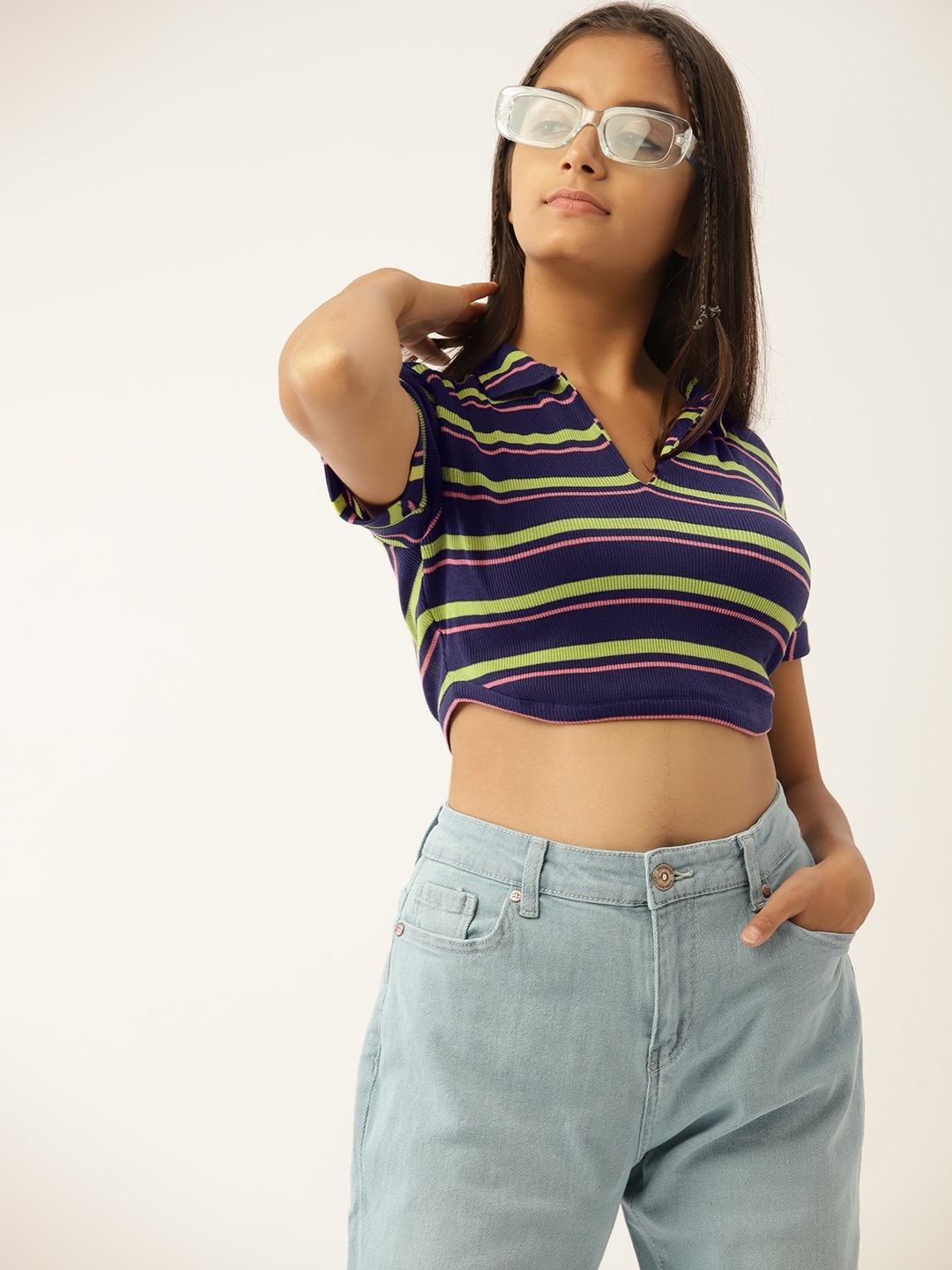

DressBerry Teen Girls Navy Blue & Neon Green Striped Polo Collar Crop T-shirt