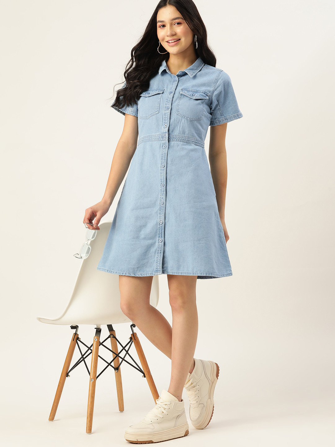 

DressBerry Pure Cotton Front Open Denim Fit & Flare Shirt Dress, Blue