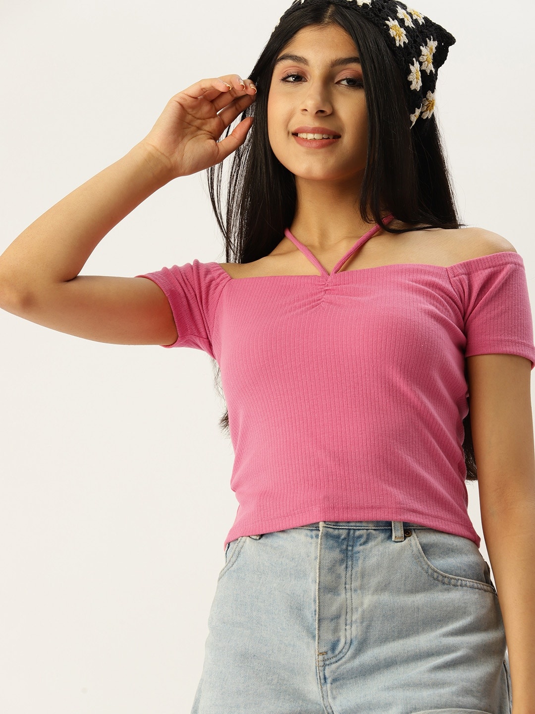 

DressBerry Teen Girls Pink Self Striped Ribbed Top