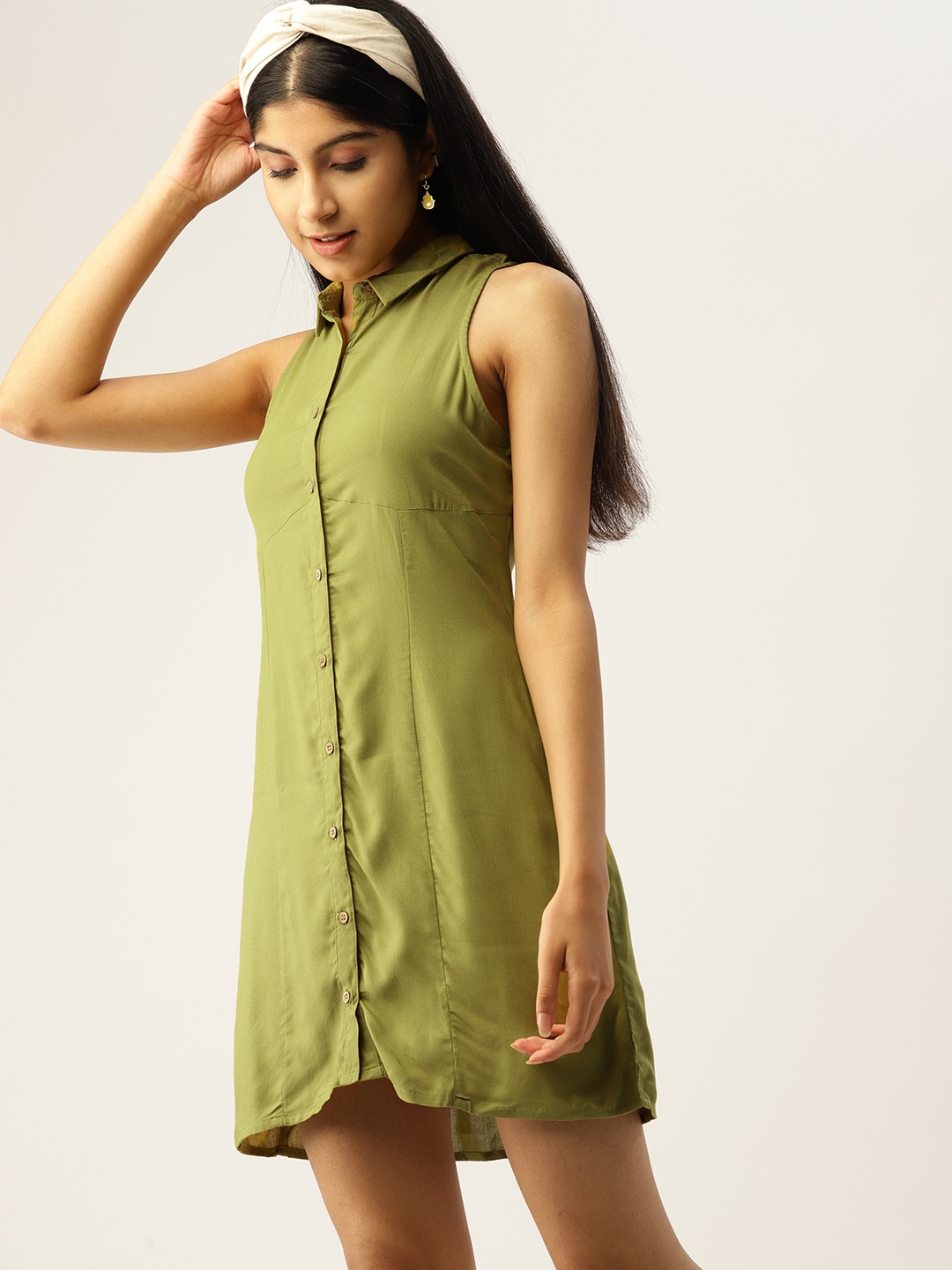 

DressBerry Girls Olive Green Solid Shirt Dress