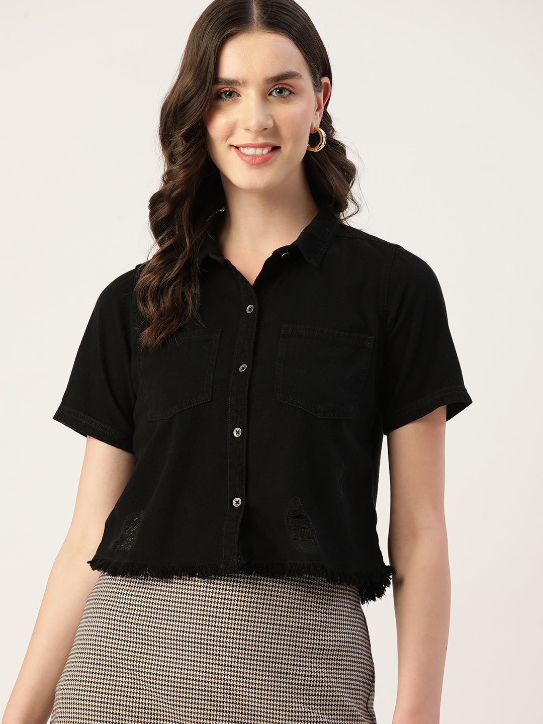 

DressBerry Women Pure Cotton Distressed Cropped Casual Shirt, Black