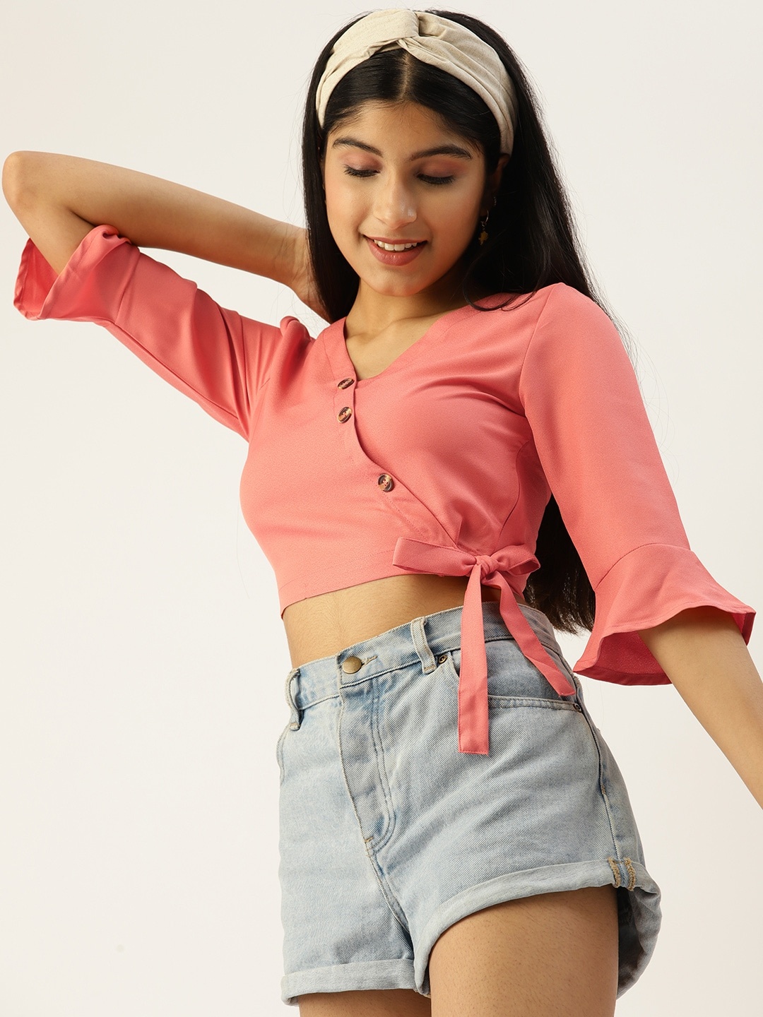 

DressBerry Teen Girls Coral Solid Wrap Style Bell Sleeves Top