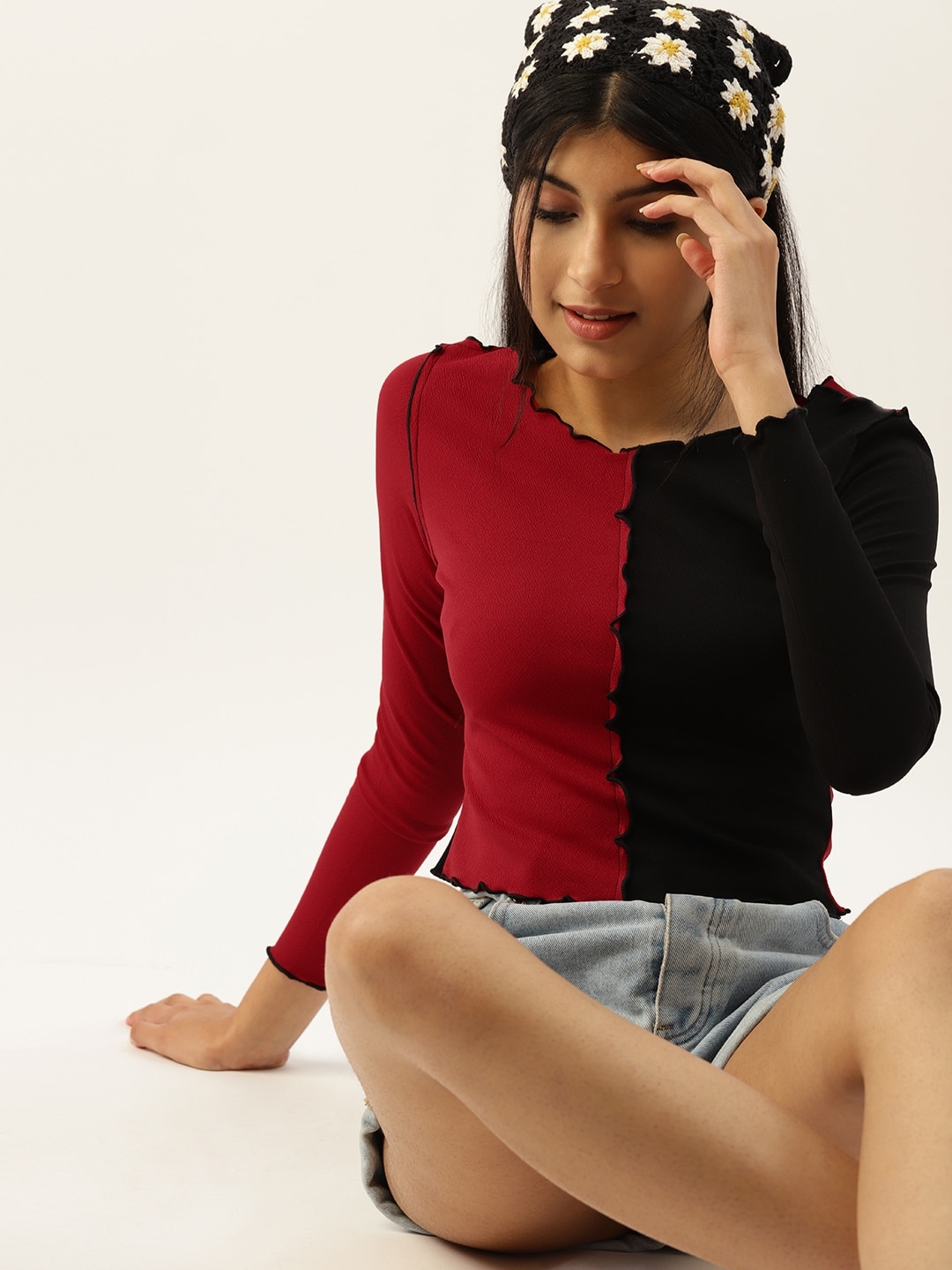 

DressBerry Teen Girls Red & Black Colourblocked Top
