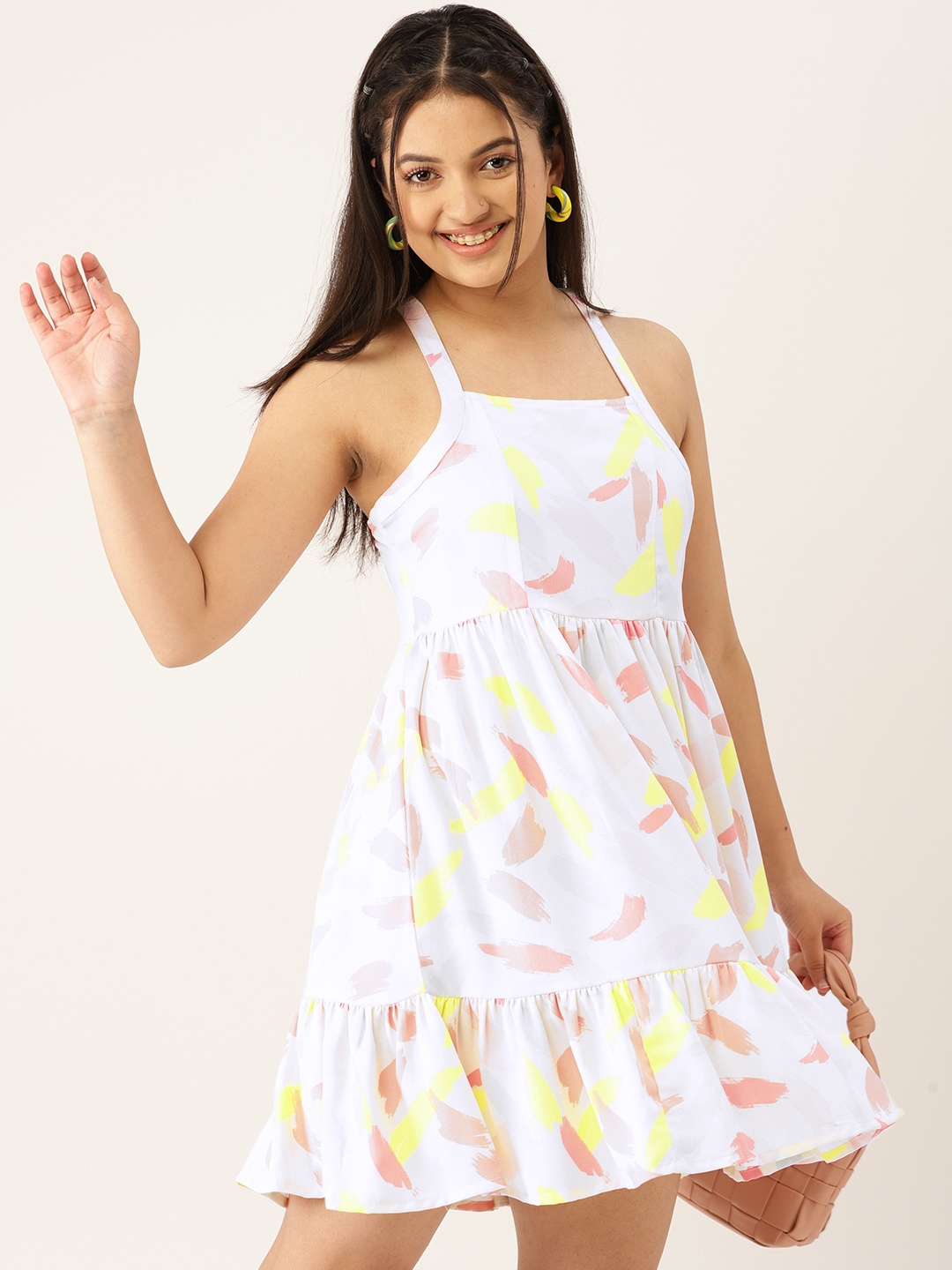 

DressBerry Teen Girls White & Peach-Coloured Printed A-Line Dress