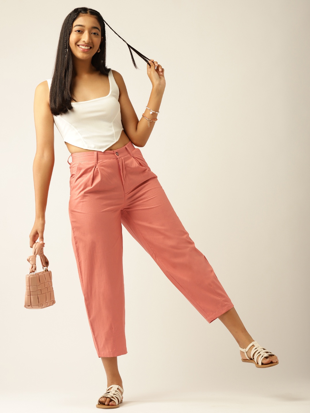 

DressBerry Teen Girls Peach-Coloured Solid Cotton Pleated Trousers